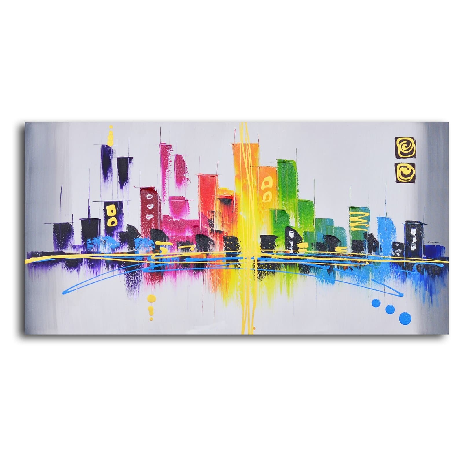 TJie Art Hand Painted Mordern Oil Paintings,Rainbow City Scape Oil Painted Wall Art,Modern landscape painting in abstract style, Entirely hand-painted by skilled artist, Made with oil paints on canvas, Gallery wrapped and stretched over wood frame