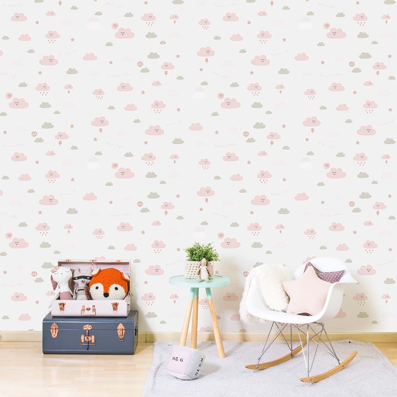 Pink Smiling For Small Bedrooms Child with Clouds Wallpaper, Beige on White Background Dirt and Lightning Orange. Mr Wonderful 2300 – 4