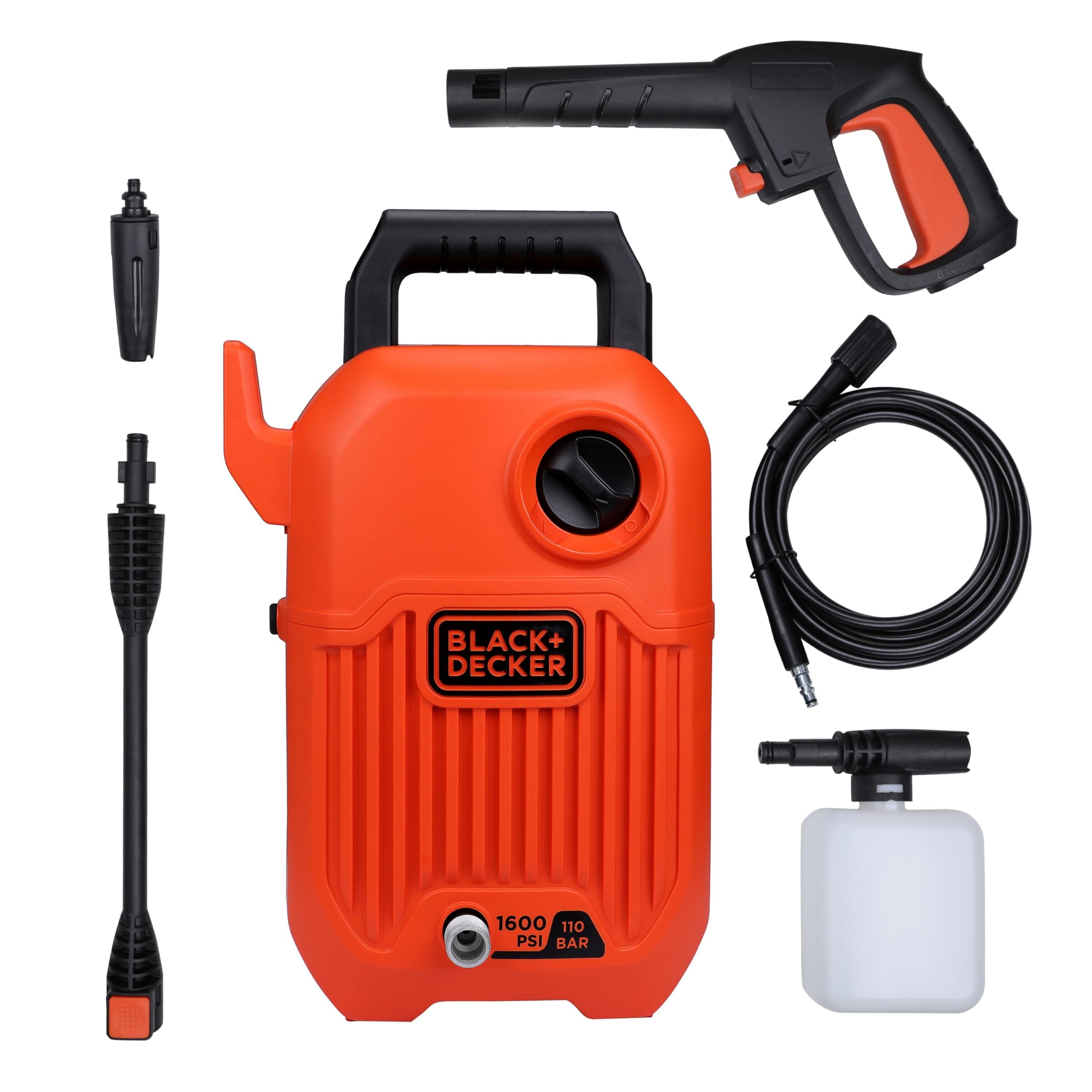 - BEPW1600 1300W 1600 PSI 110 Bar Pressure Washer for Car, Bike, Home & Garden Cleaning Use with Multiple Accessories Included, 1 Year Warranty, Orange & Black
