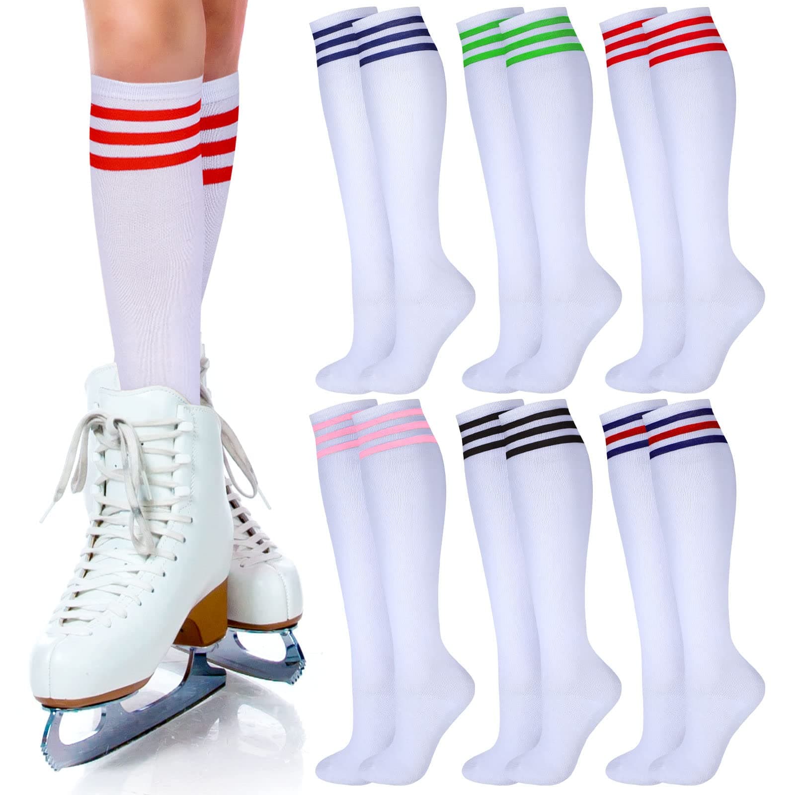 6 Pair Knee High Socks, Thigh High Triple Stripe Long Tube Roller Skate Skating Socks Leg Warmer Stocking for Daily Wear, Cosplay, Sports Meet, Holiday Gifts