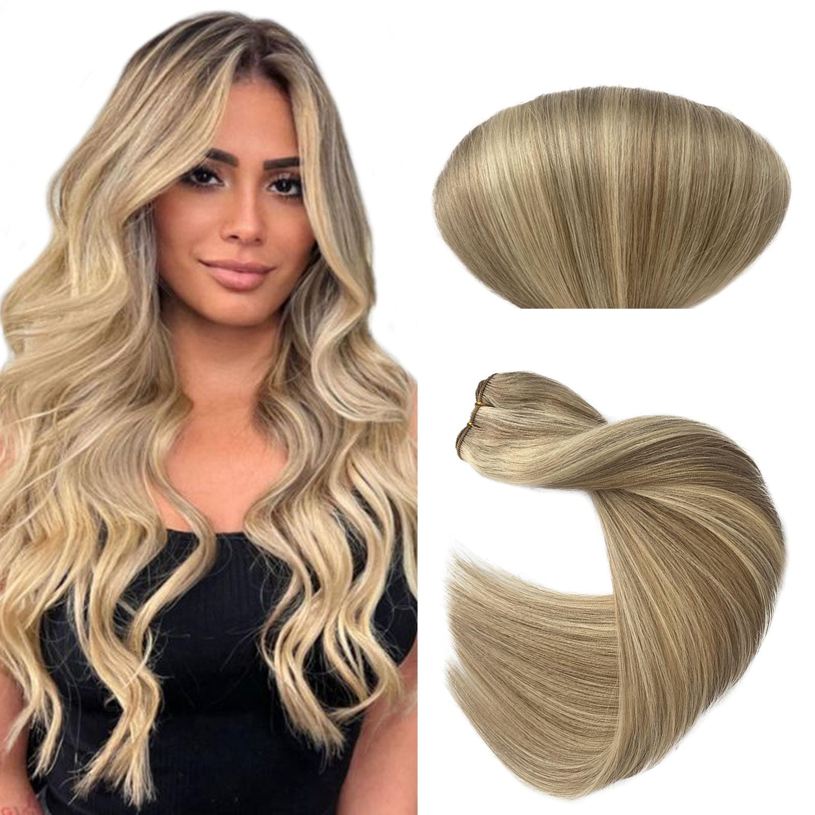 Sew in Light Ash Blonde Mixed Platinum Blonde Balayage Weft Human Hair Extensions for Women 22 Inch Long Straight Virgin Real Human Hair Bundles Blonde Highlight Hand Tied Extension 120grams