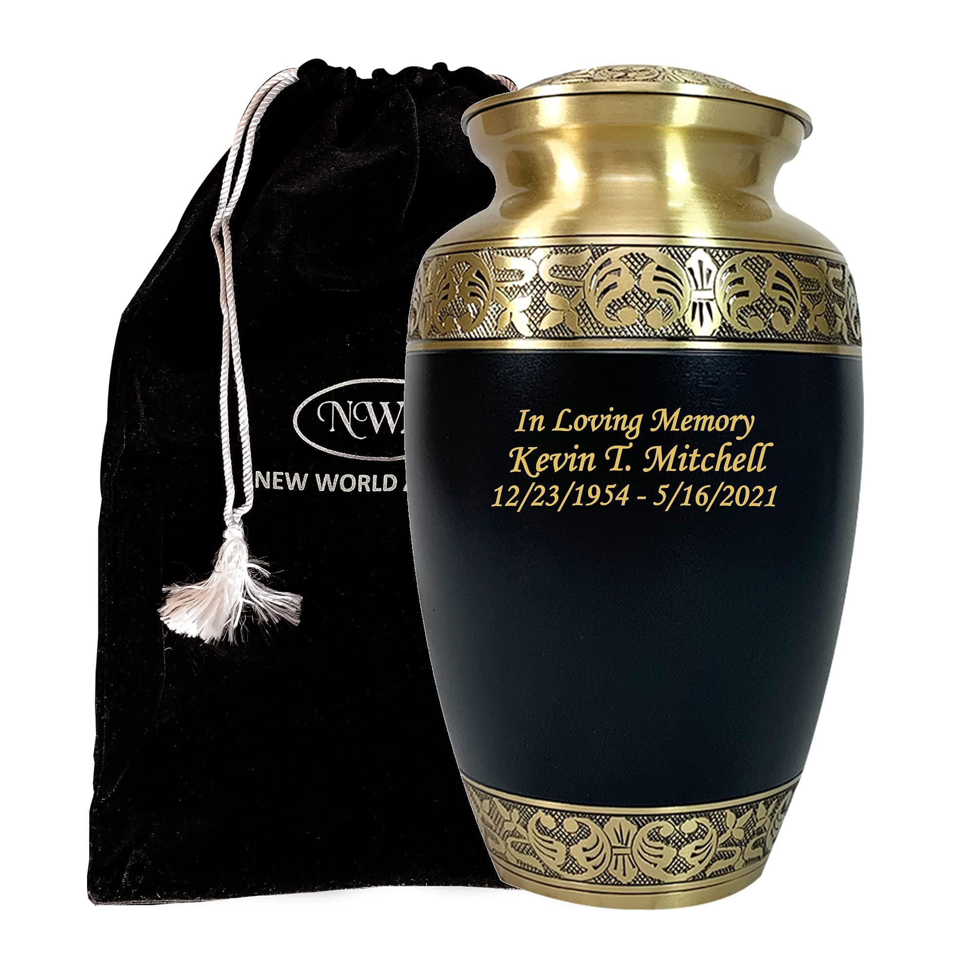 Custom Engraved Urns for Human Ashes, Human Cremation Urn, Black and Gold Adult Size Funeral Urn with Personalization and Velvet Bag
