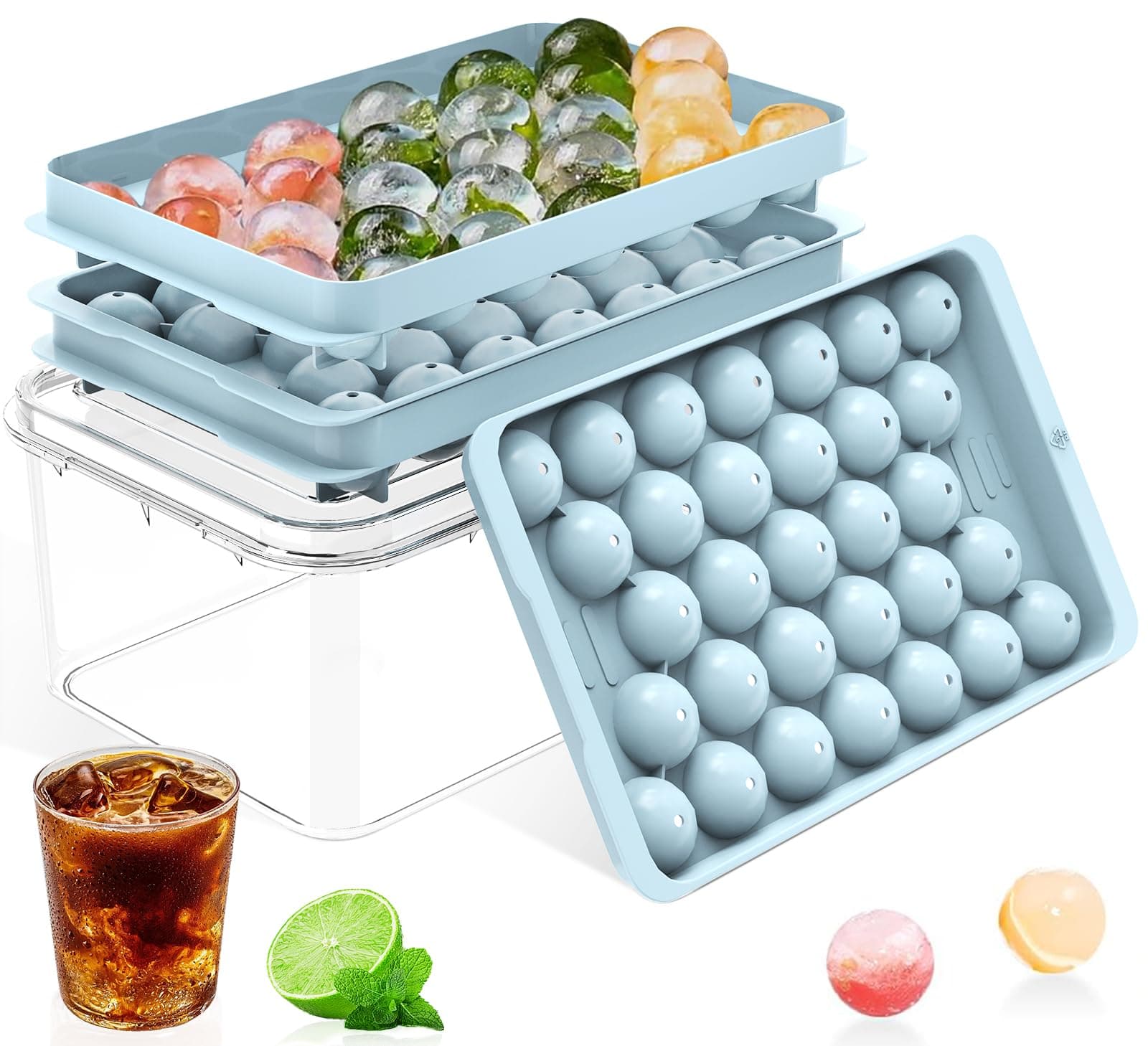 Ice Cube Tray with Lid and Bin – Round Ice Cube Trays for Freezer, BPA-Free Food-Grade Ice Mold, Stackable Ice Ball Maker, Iced Bucket Kits, Circle Ice Tray for Cocktails, Whiskey, Coffee, and Drinks