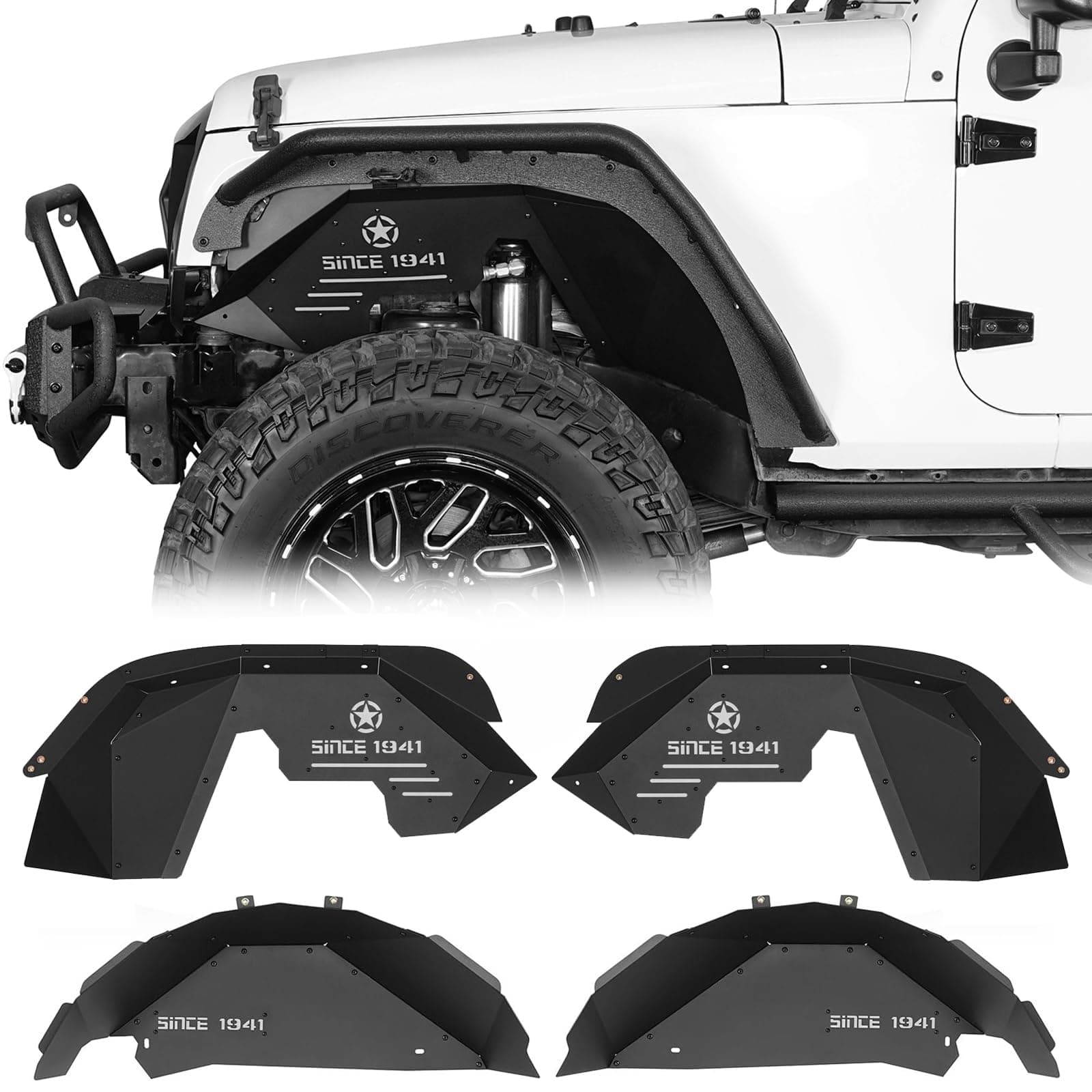 Hooke Road Aluminum JK Front & Rear Inner Fender Liner Kit for 2007-2018 Jeep Wrangler JK & Unlimited 2/4 Door Splash Mudguard Wheel Well Liner Cover - 4 Pcs