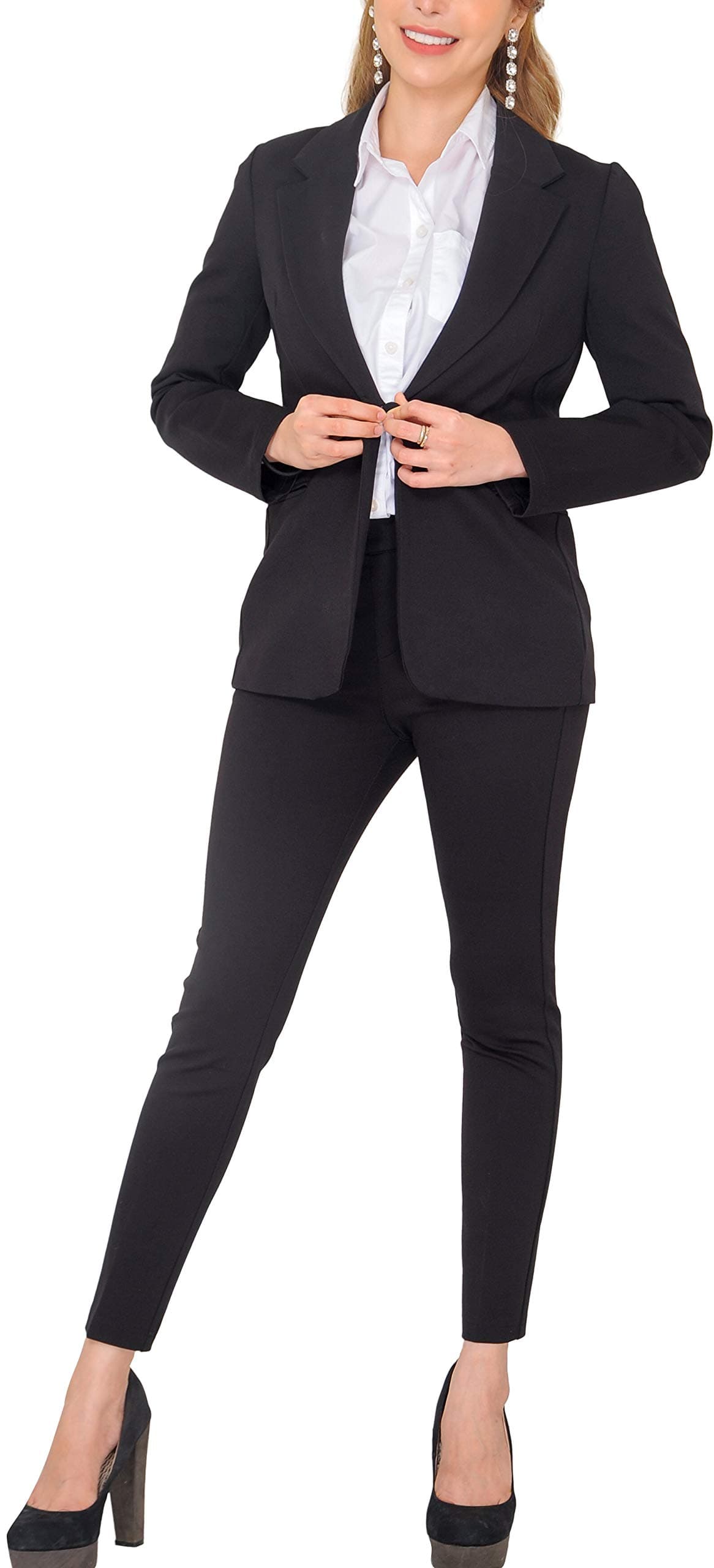 MarycraftsWomen's Business Blazer Pant Suit Set for Work, Black, 8