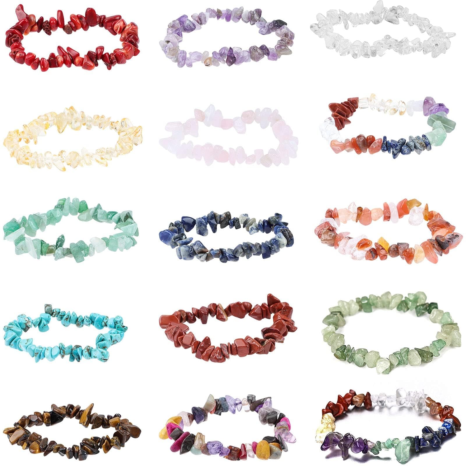 15 Pieces Irregular Crystal Chip Bracelets Set, Natural Gemstone Stretch Bracelet Crushed Stone Bracelet Jewelry Creative Gifts for Girls Women