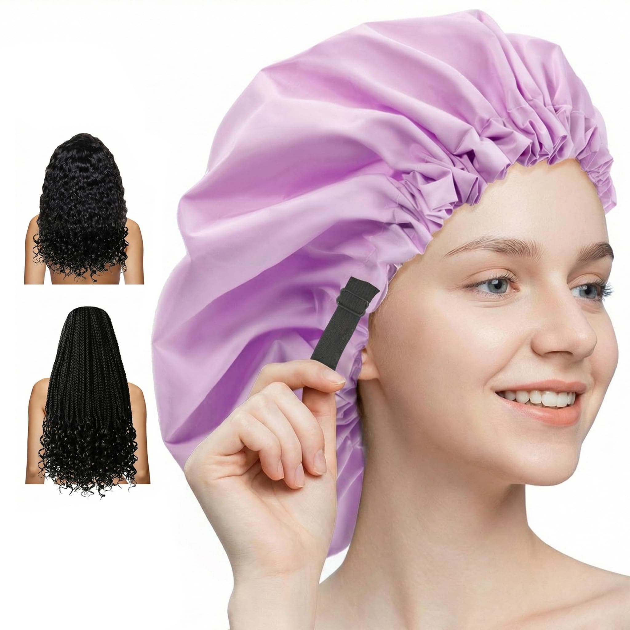 Aquior Extra Adjustable Shower Caps, Double-Layer Waterproof Reusable Hair Cap, Large Size for All Hair, Girls Spa Bath, Soft and Comfortable (Purple)
