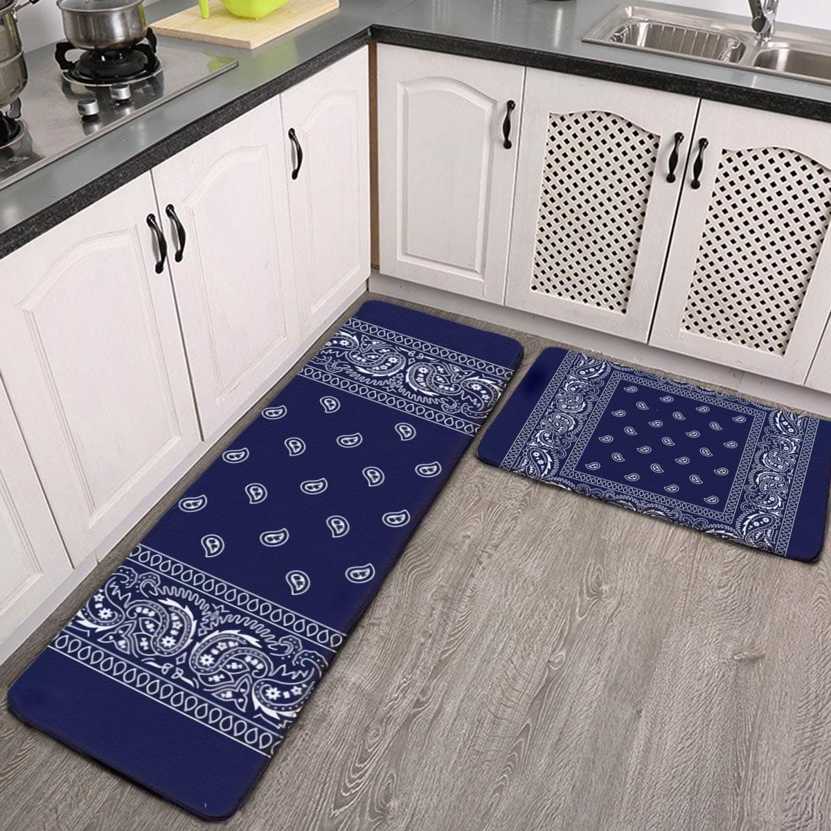 LVHERS 2 Pcs Kitchen Rug Set, Bandana Navy Blue Southwestern Non-Slip Kitchen Mats and Rugs Soft Flannel Non-Slip Area Runner Rugs Washable Durable Doormat Carpet