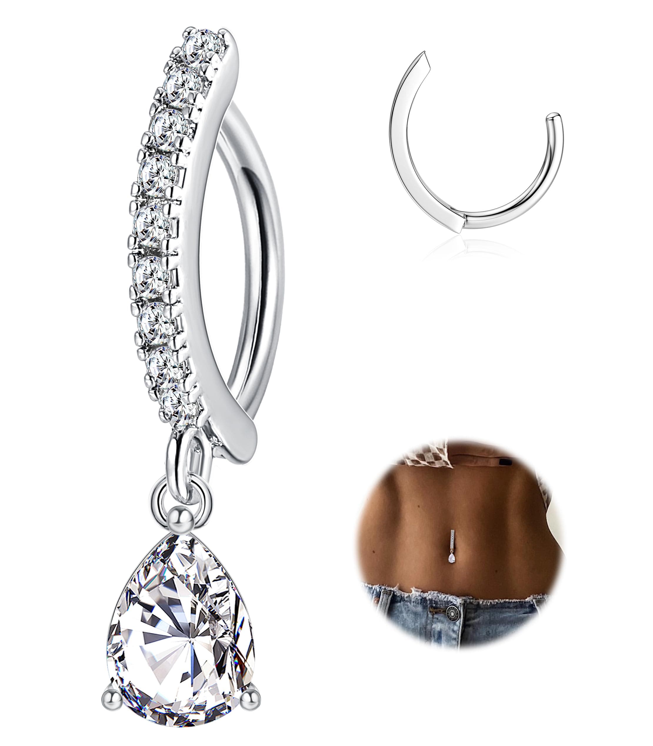 14G Clicker Belly Rings 316L Surgical Steel Dangle Belly Button Ring CZ Teardrop Pendant Navel Rings Barbell Body Piercing Jewelry