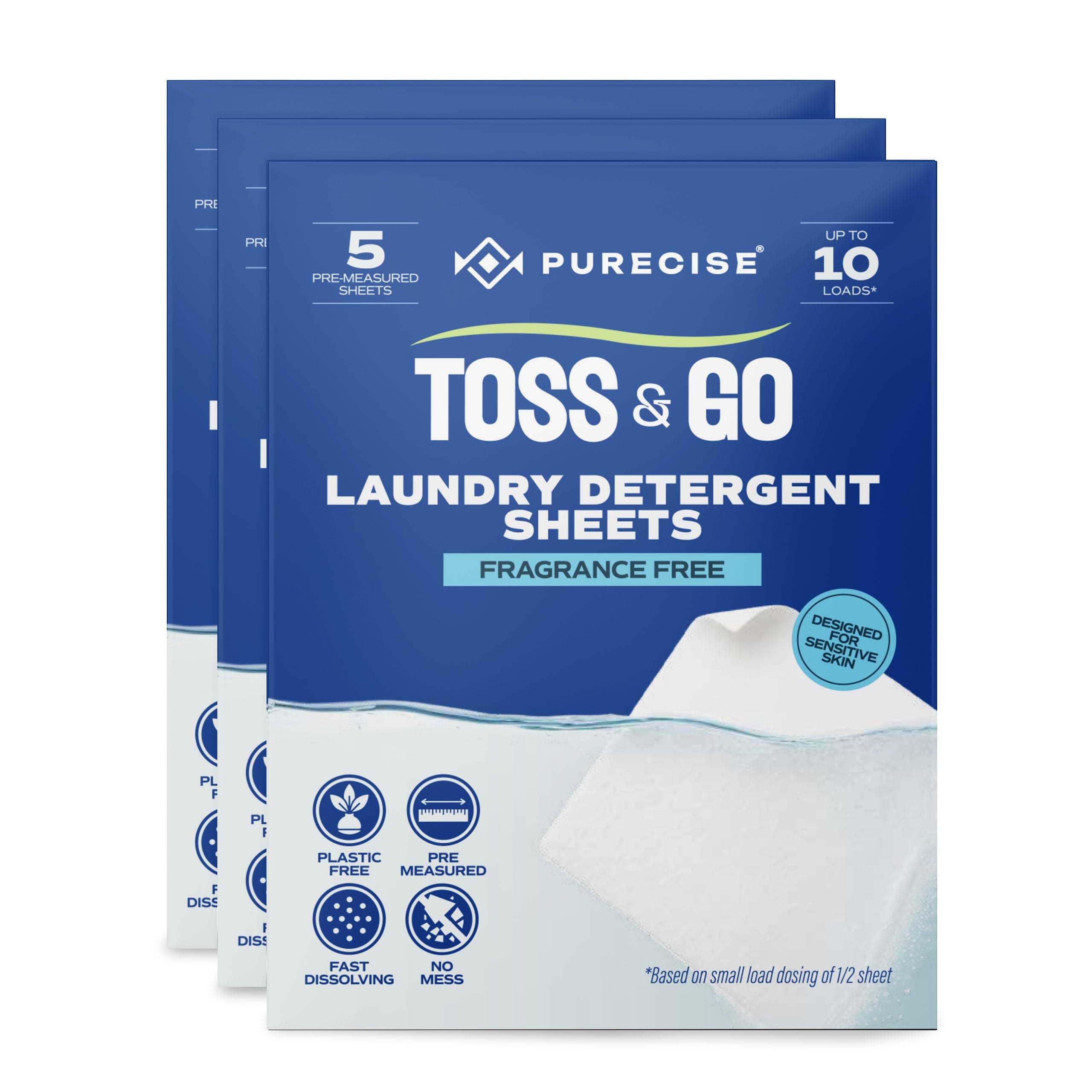 Purecise - Toss & Go - Unscented Laundry Detergent Sheets - No Mess, Skin-Friendly, Fast-Dissolving, Scent Free - 30 Loads - 5ct Pack of 3