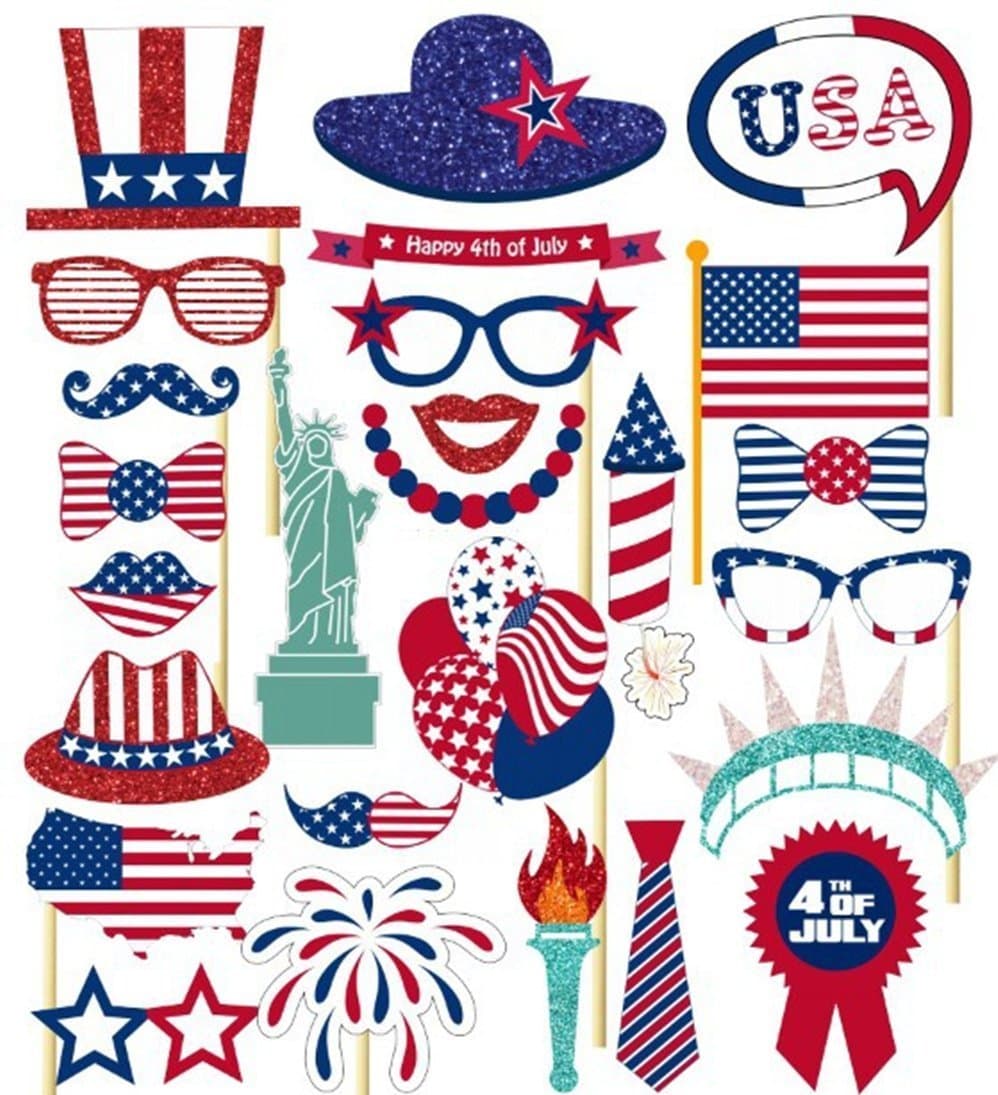 4th of July Photo Booth Props, 26Pcs DIY Party Favor Kits for Independence Day Photobooth Dress-up Party Decorations