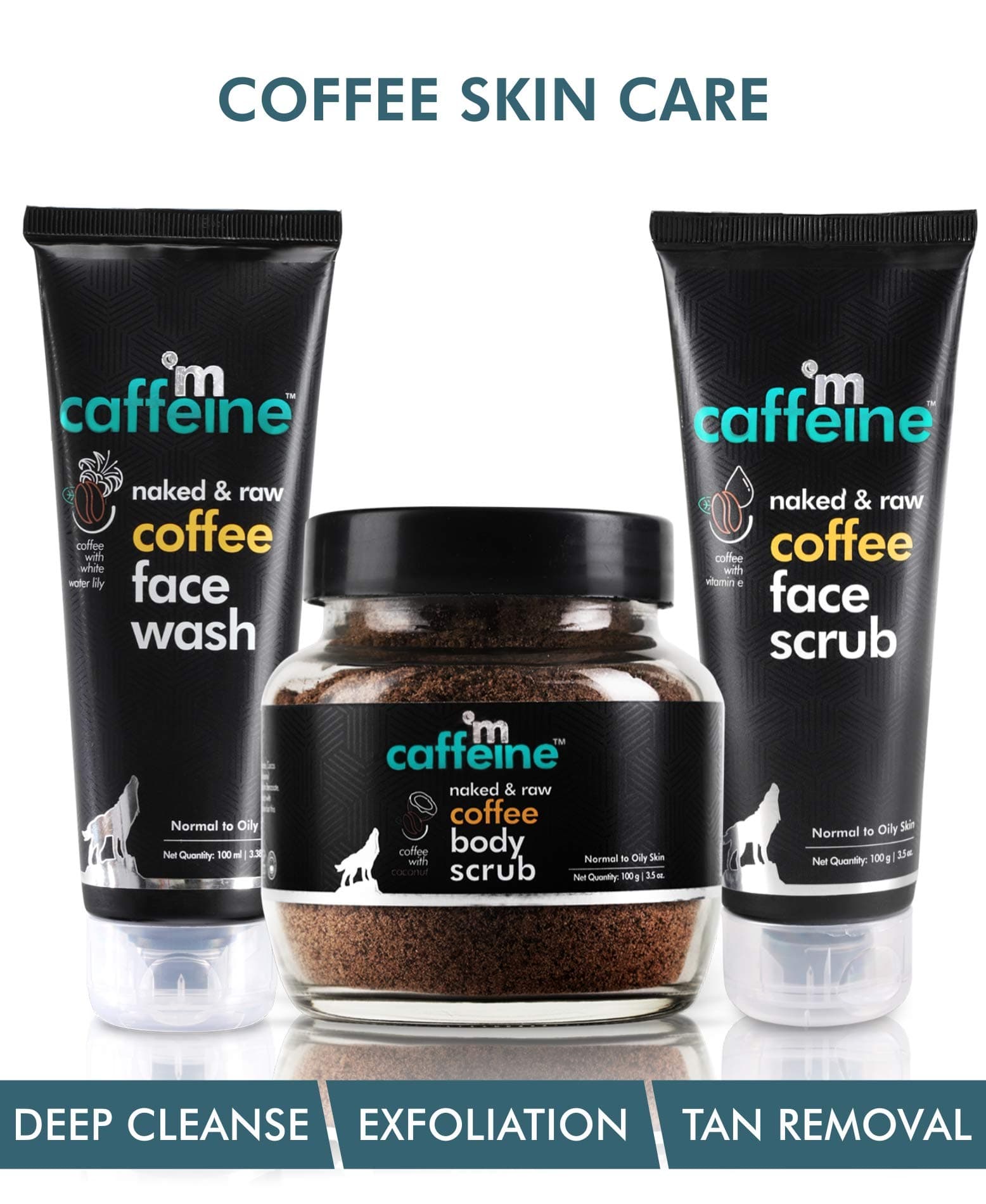 mCaffeine Coffee Tan Removal Regime | Cleanse & Exfoliate Combo | Face Wash, Face Scrub & Body Scrub | For All Skin Types | Home Spa Kit Pack of 3