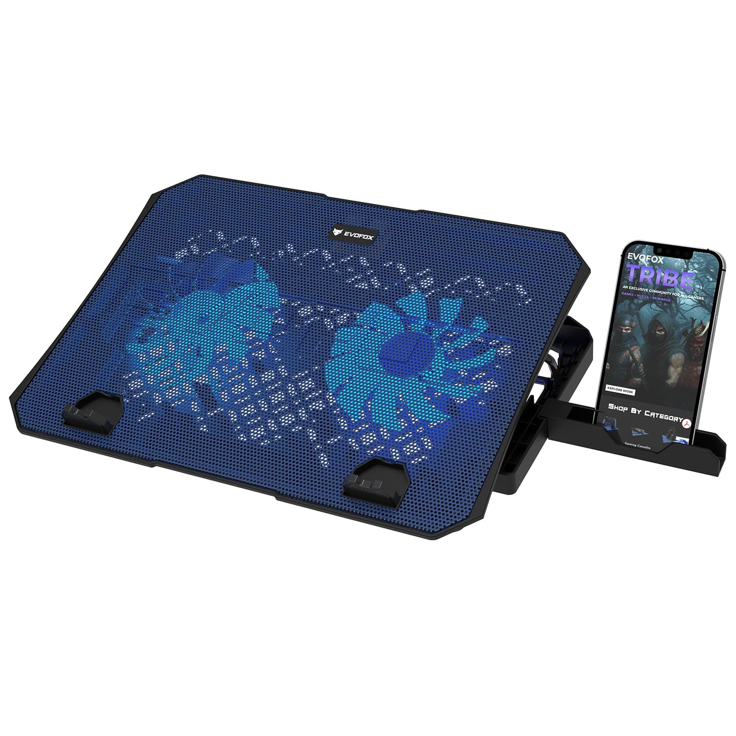 EvoFox Frost Laptop Cooling Pad with Phone Stand, 1000 RPM 2X Silent Fans, 5 Adjustable Angles, LED Lights, Durable Metal Mesh Surface, Ergonomic Stand for Laptops up to 15.6 inches (Blue)