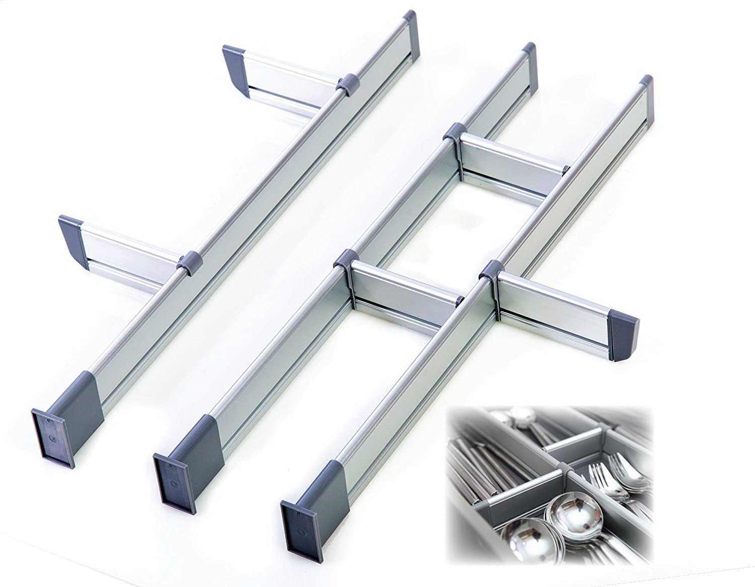 Practical Comfort Adjustable Drawer Organizer, Customizable, Elegant Aluminum, for Clutter Free Kitchen, Junk Drawer, Office -2 SETS PACK- (9 Dividers Set - Small | for Drawers 15.3"-17.5" long)