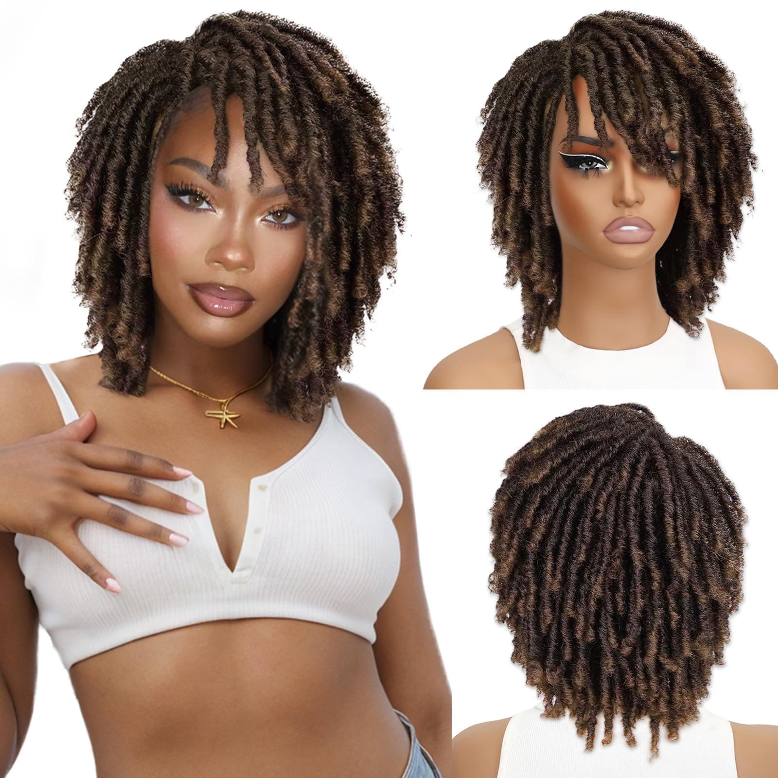 HANNE Dreadlock Wig Short Twist Braided Wigs for Black Women and Men Afro Curly Synthetic Wig Faux Locs Braided Crochet Hair Wigs (1B/30#)