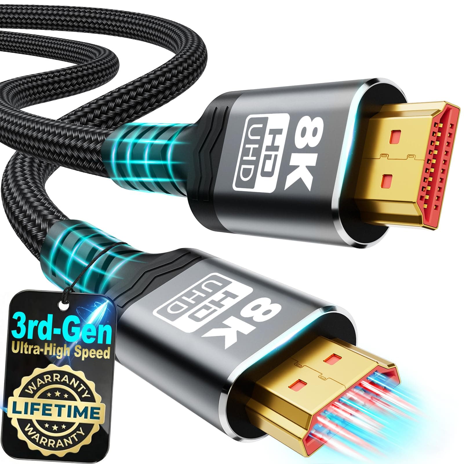 𝟑𝐫𝐝 - 𝐆𝐞𝐧 10K 8K HDMI Cable 2.1, 1.5FT 3.3FT 5FT 6.6FT 10FT 13FT 16FT 20FT 25FT, 48Gbps Gold-Plated Ultra High Speed Military Grade Nylon Braided HDMI Cord 8K@60Hz /4K@120Hz, HDCP 2.2&2.3(1.5FT)