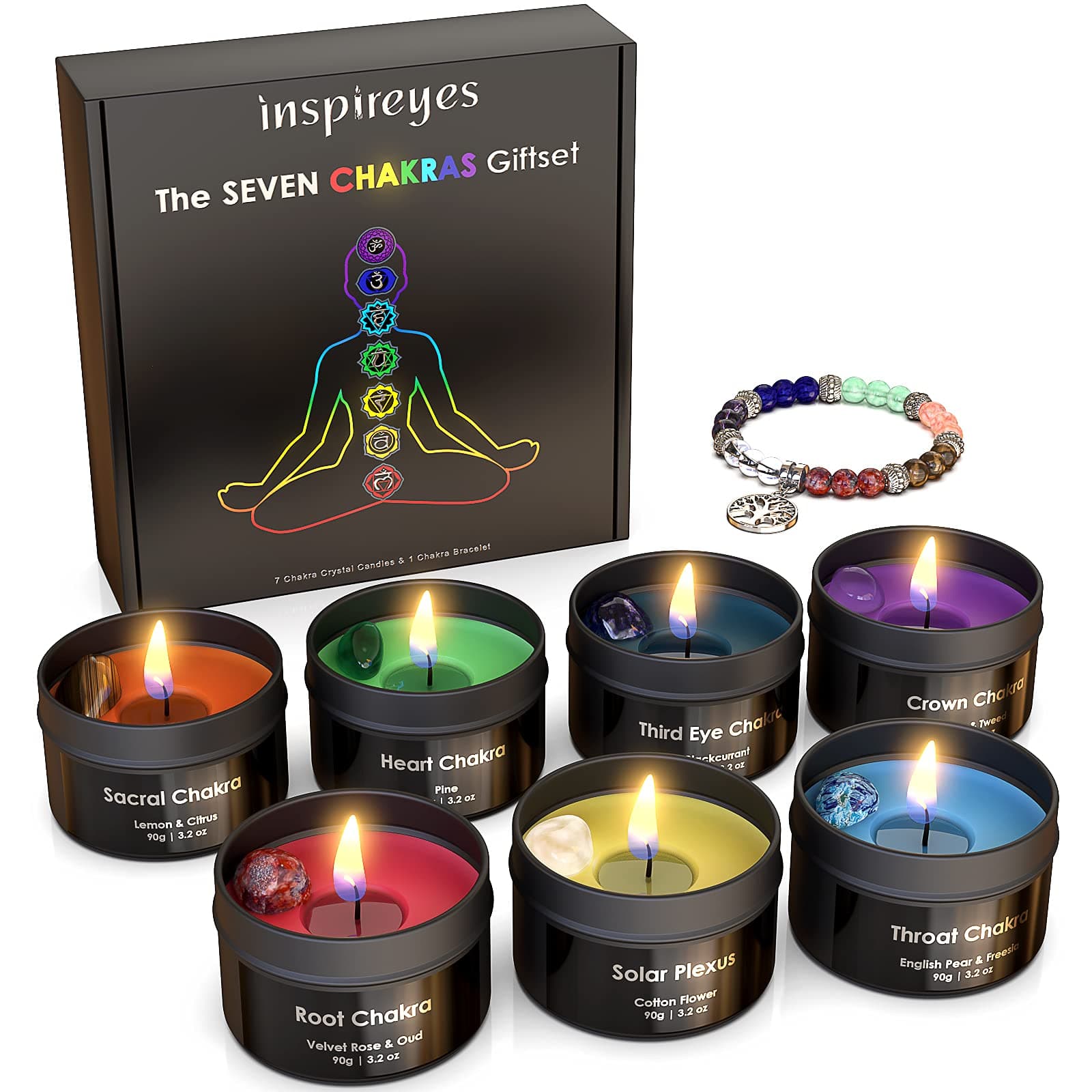 Chakra Candles with Premium Crystal and Healing Stones, Luxury Meditation Scented Candles Gift Set for Women, Stress Relief Spiritual Healing Candles for Yoga, Aromatherapy