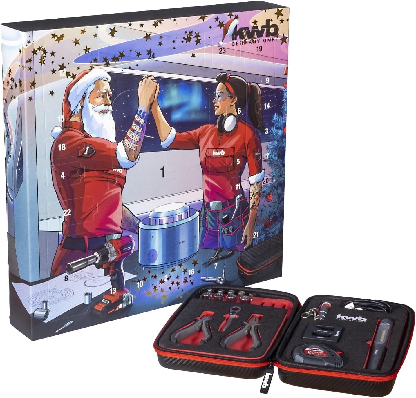 kwb 370241 Premium Chance to Win Women, Tool Set incl. Bag, Christmas Advent Calendar for Men Calender, red