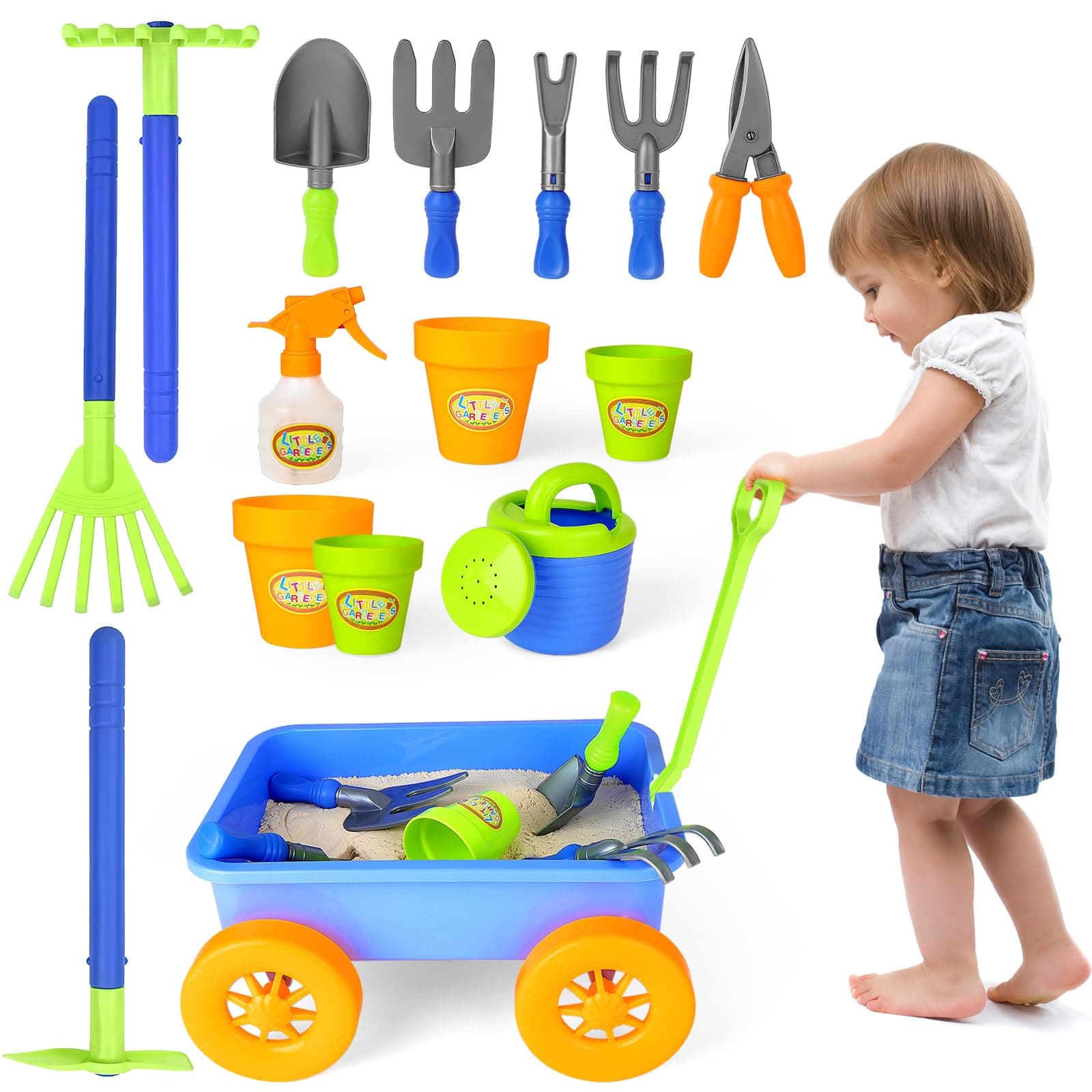 Pull along Kids Wagon Wheelbarrow and Gardening Tools Play Set Includes 10 Accessories and 4 Plant Pots
