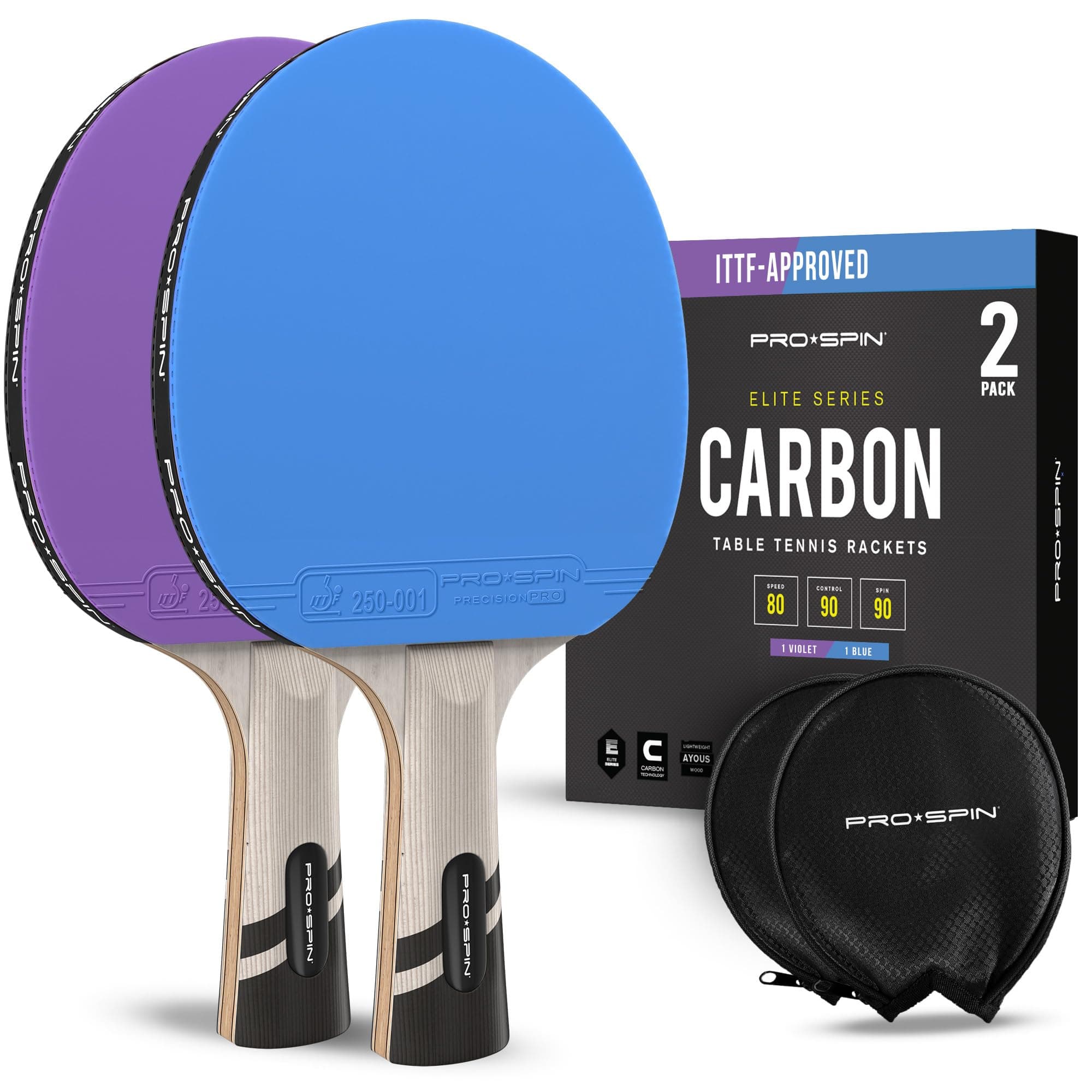 PRO SPIN Ping Pong Paddle - Professional Level Table Tennis Racket with Carbon Fiber for Superior Control | 7 Layer Blades with Premium Rubber 2.0mm Sponge | Protector Case (Blue/Violet (Pack of 2)