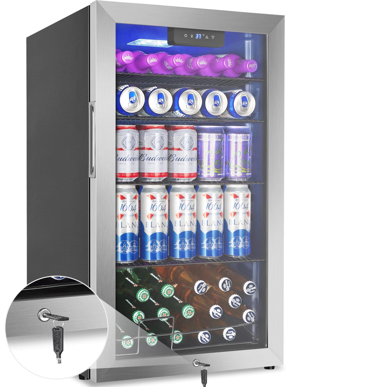 - 128 Cans Beverage Refrigerator Cooler, 3.2 Cu.Ft Mini Drink Fridge Glass Door for Drink Beer Soda Wine, Beer Fridge with 4 Removable Shelves for Kitchen Bedroom, Office Bar Gaming Room,Stainless Steel