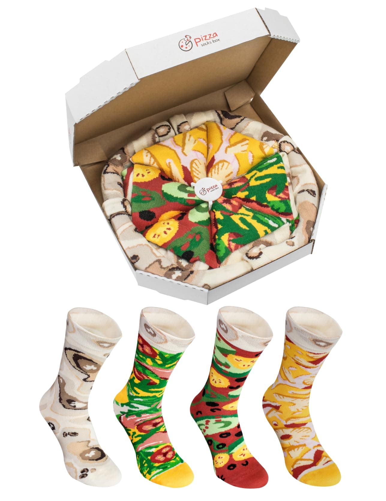 Rainbow Socks - Man Woman Pizza Socks Box Mix Italian Hawaii Wegetarian - 4 Pairs