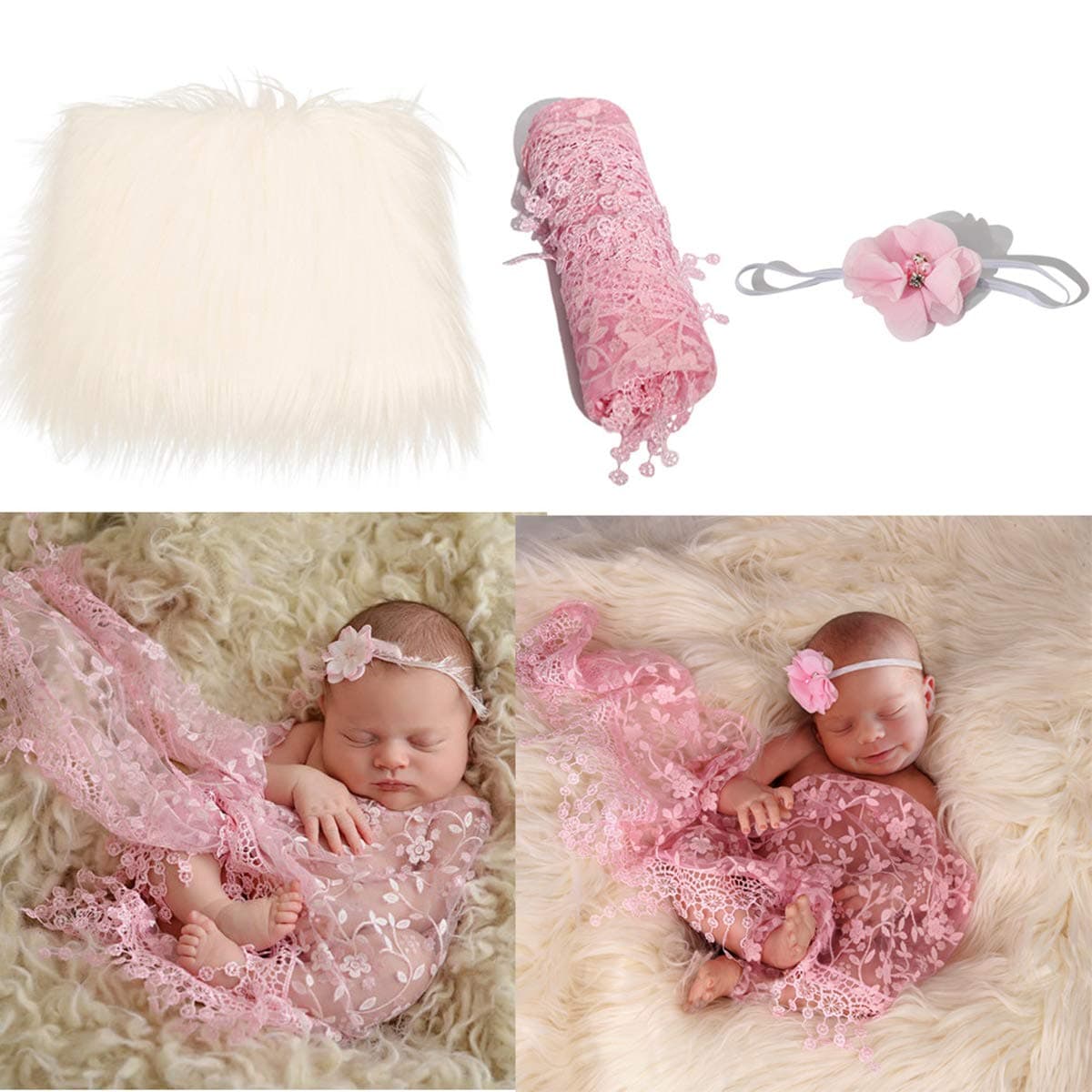3 Pcs Newborn Photography Props Outfits, Fluffy Baby Posing Photoshoot Blanket + Embroidered Lace Baby Photo Wrap + Headband with Flower Set, Infant Toddler Girls Posing Props