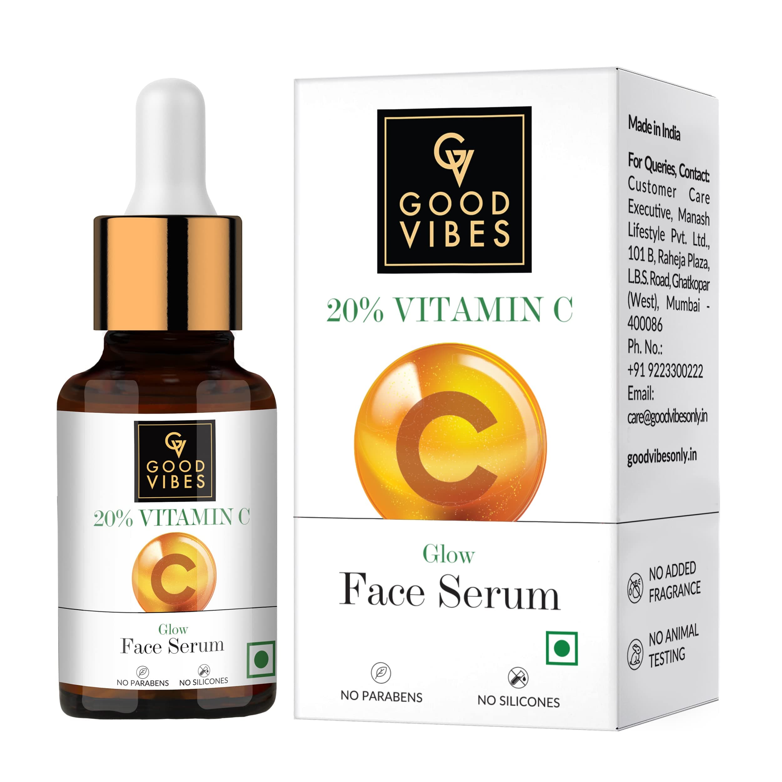 Good Vibes20% Vitamin C Serum, 10 ml Light Weight Moisturizing Age Defying Face Serum For All Skin Types Helps Corrects Dark Spots Pigmentation, Natural, No Parabens & Sulphates, No Animal Testing