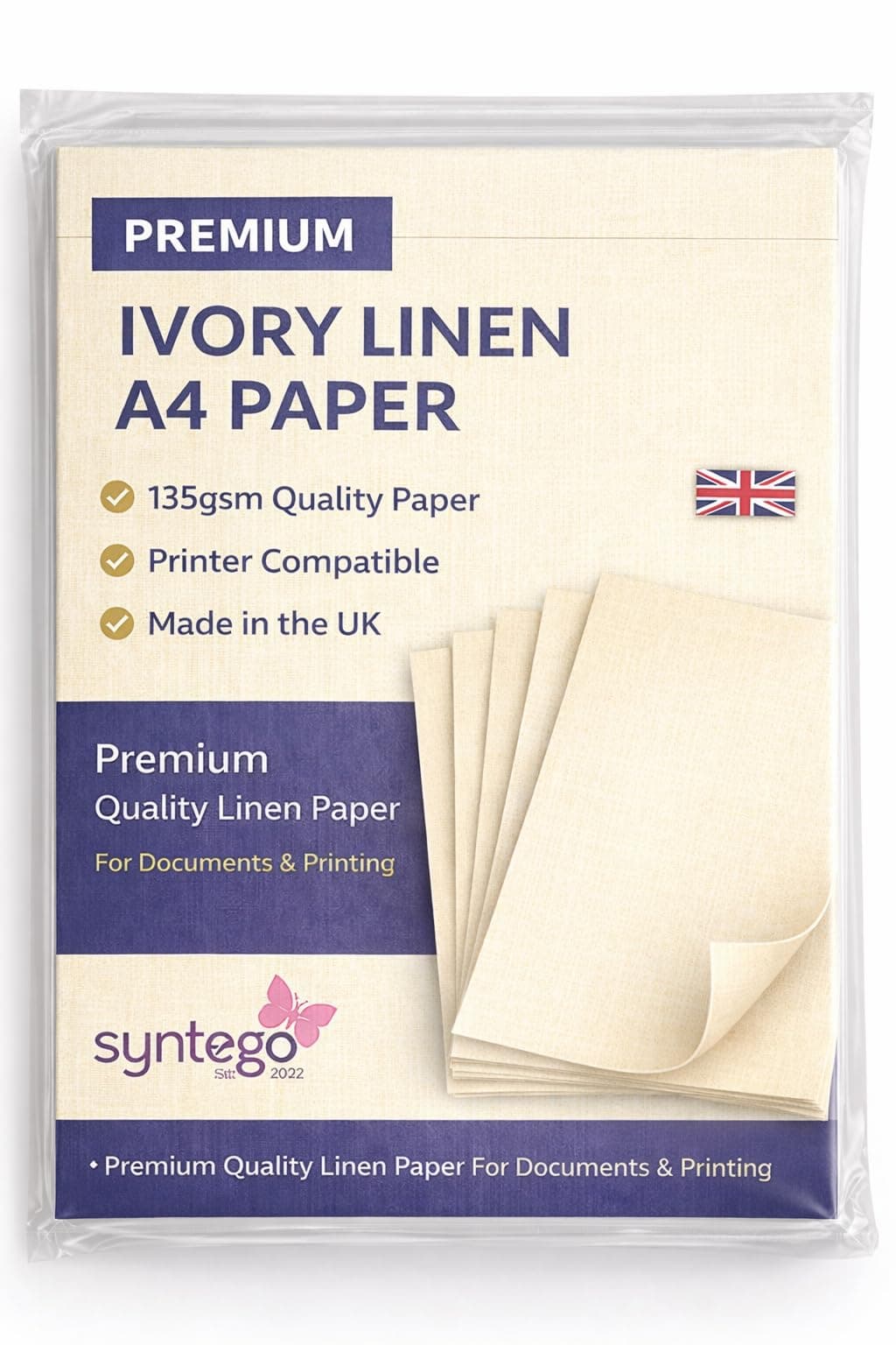 Syntego 50 Sheets Pale Ivory Linen Paper Silkweave Textured A4 Paper 135gsm / 36lb