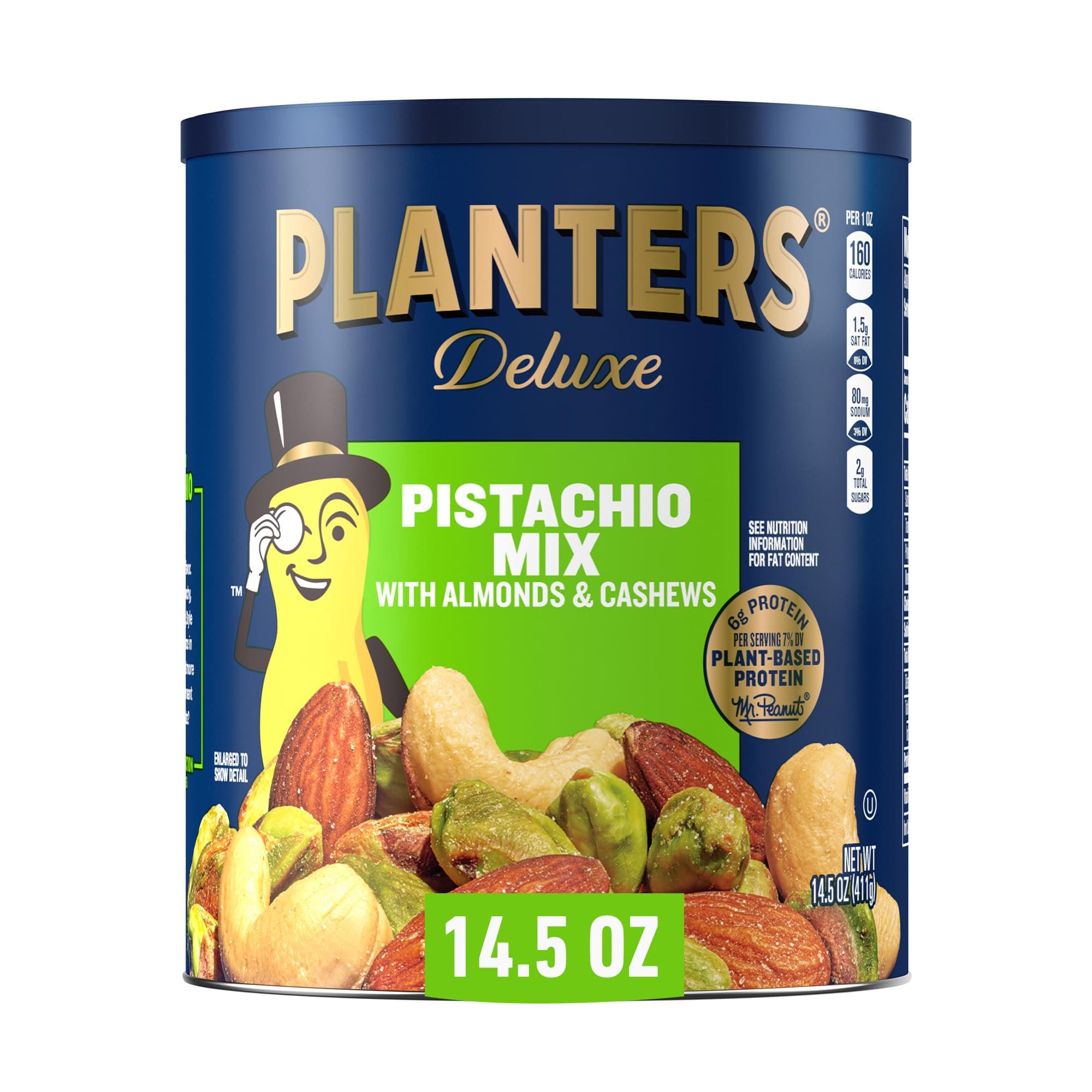 Deluxe Pistachio Mix, Party Snacks, Plant-Based Protein, 14.5 Oz Canister