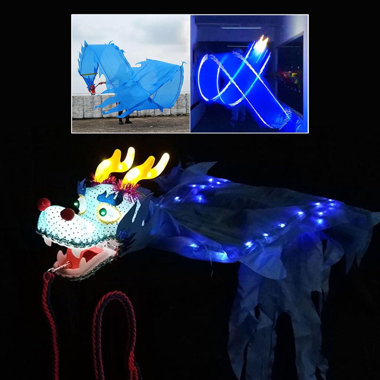 Kunovo Dragon Poi Blue Led Light Dragon Flinging Ribbon, Gymnastics/Juggling Dance Dragon Spinning Ribbons with Dragon Head, Dragon Design Stage Prop Set (Size : 8 m (26 ft)), 58741