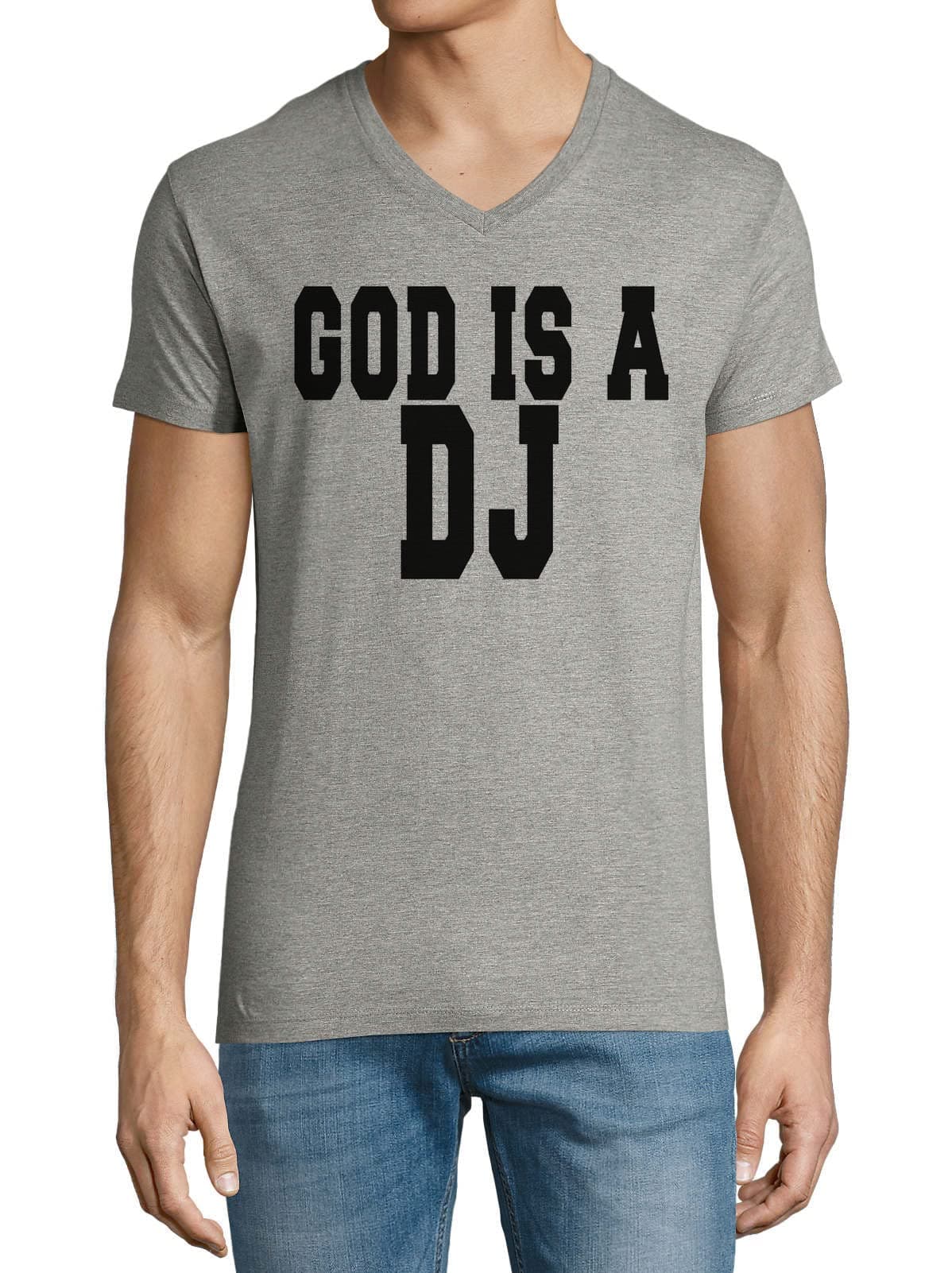God is A DJ Men's Cotton V-Neck T-Shirt Gray