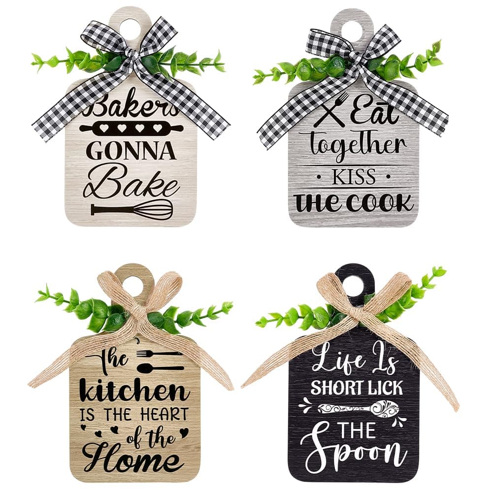 PH PandaHall 4pcs Kitchen Wooden Hanging Signs, 3.5x5.9 inch Wood Sign Kitchen Wall Decor Hanging Plaques Farmhouse Eat Sign for Home Dining Living Room Bar Cafe Art Decor