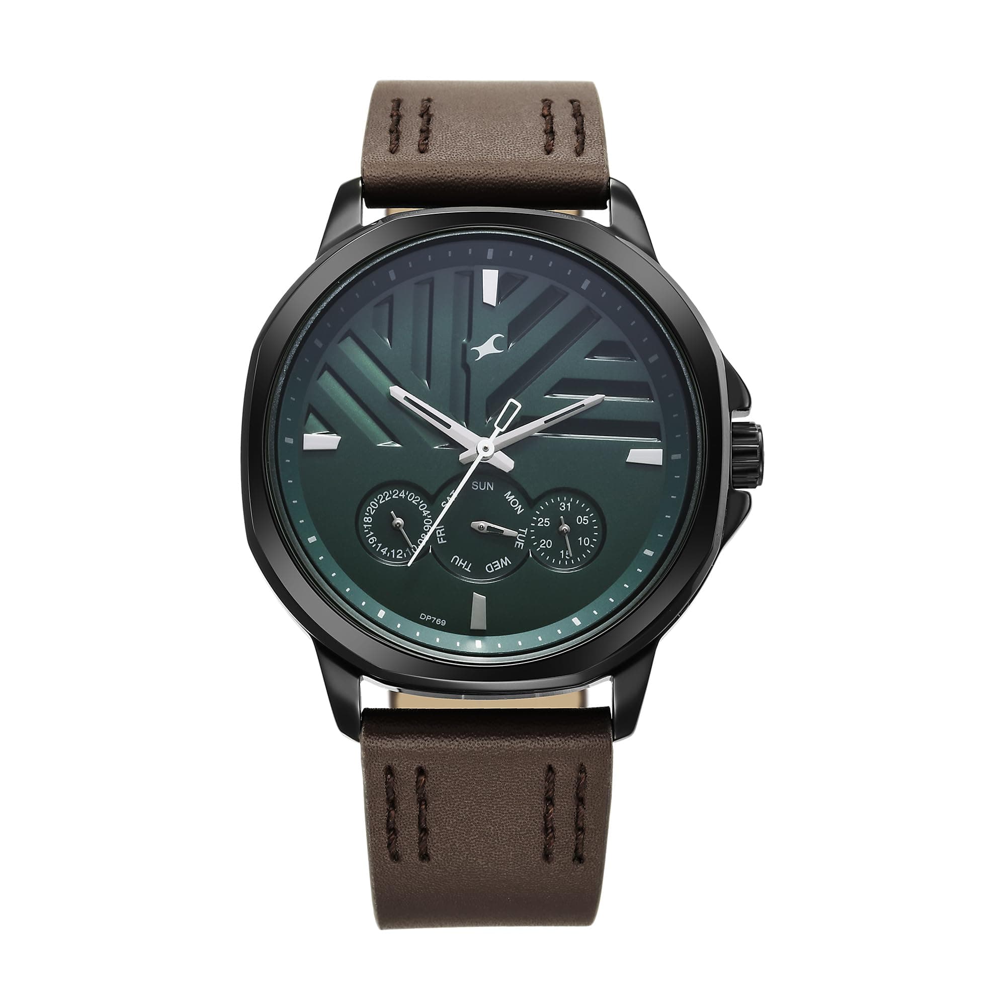 Fastrack Fleek Quartz Multifunction Forest Green Dial Brown Leather Strap Watch for Guys - NT3303NL01