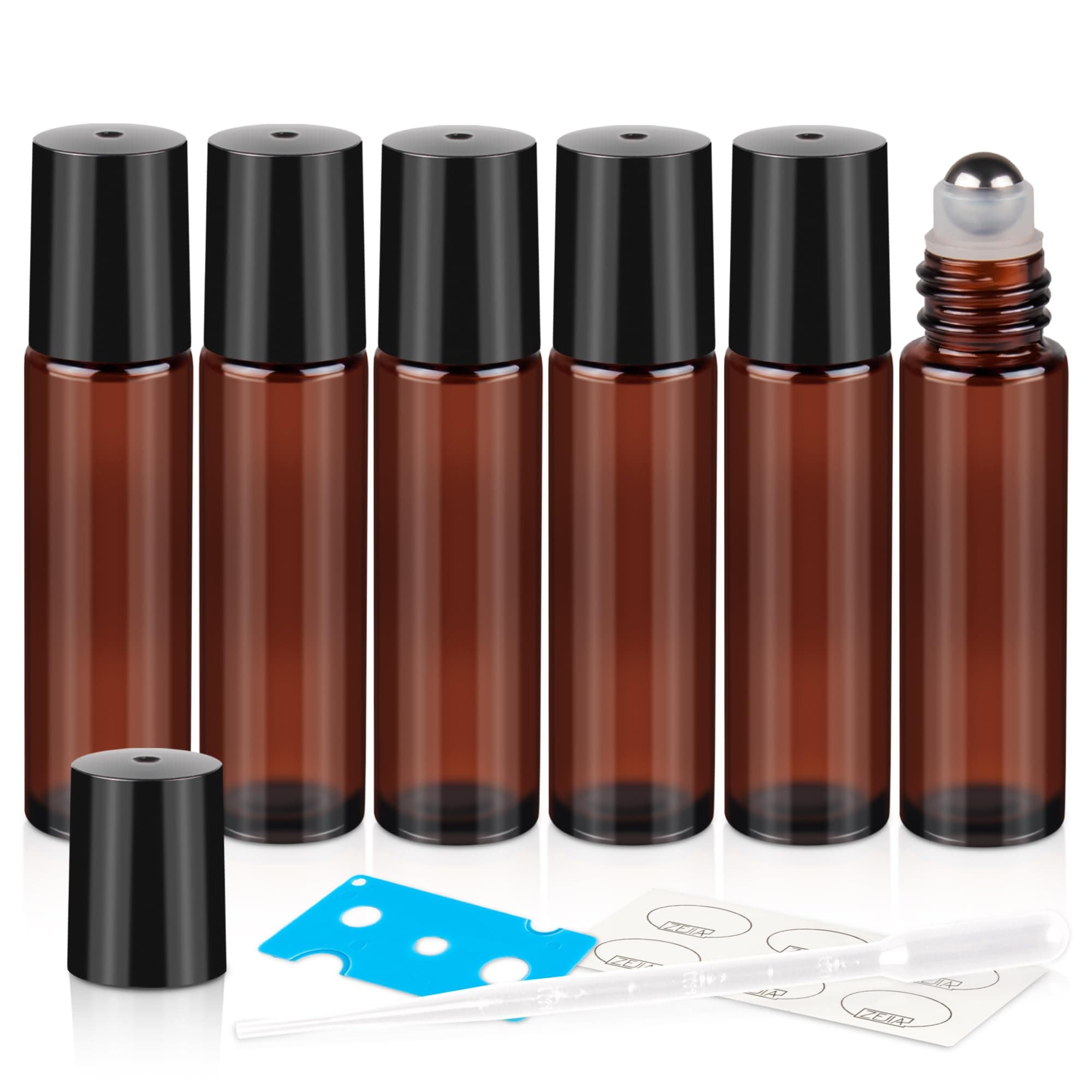 ZEJIA 10ml Roller Bottles 6Pack Amber Thick Glass Essential Oil Roller Bottles Stainless Steel Roller Ball with 2 Droppers