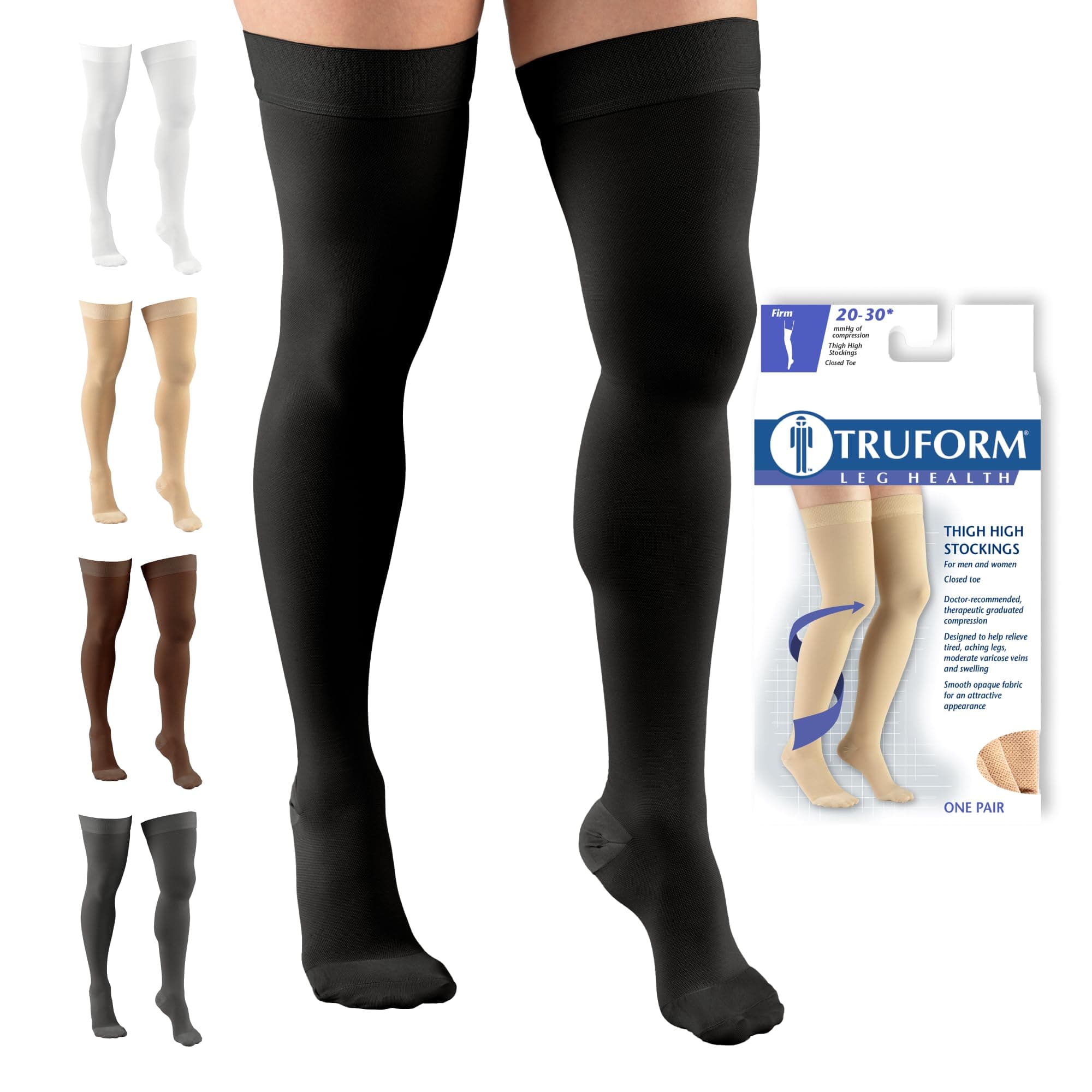 Truform 20-30 Mmhg Compression Stockings for Men & Women, Thigh High Length, Dot Top, Closed Toe, Black, Large (20-30 Mmhg)