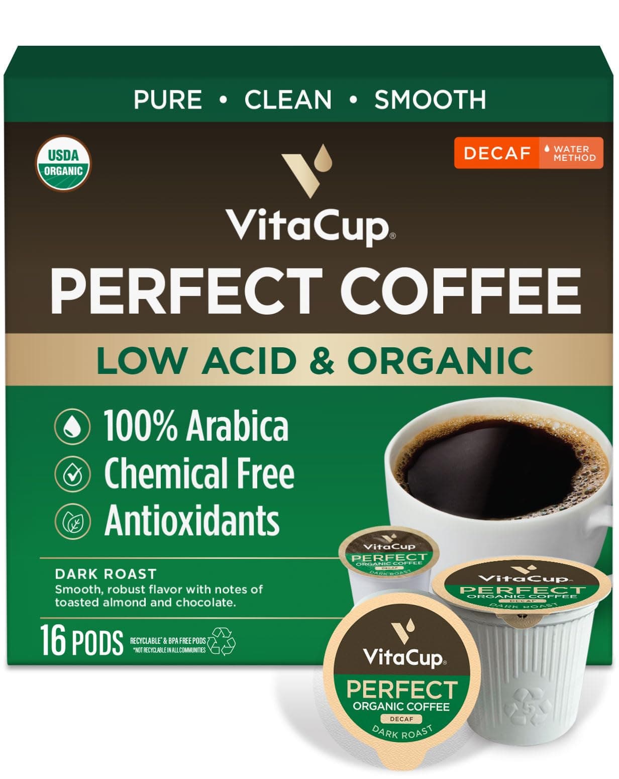 VitaCup Organic Perfect Dark Roast Decaf Coffee Pod for Pure & Clean Energy, Antioxidants, Low Acid, Guatemala Single Origin in Recyclable Single Serve Pod compatible w/Keurig K-Cup Brewers,16CT