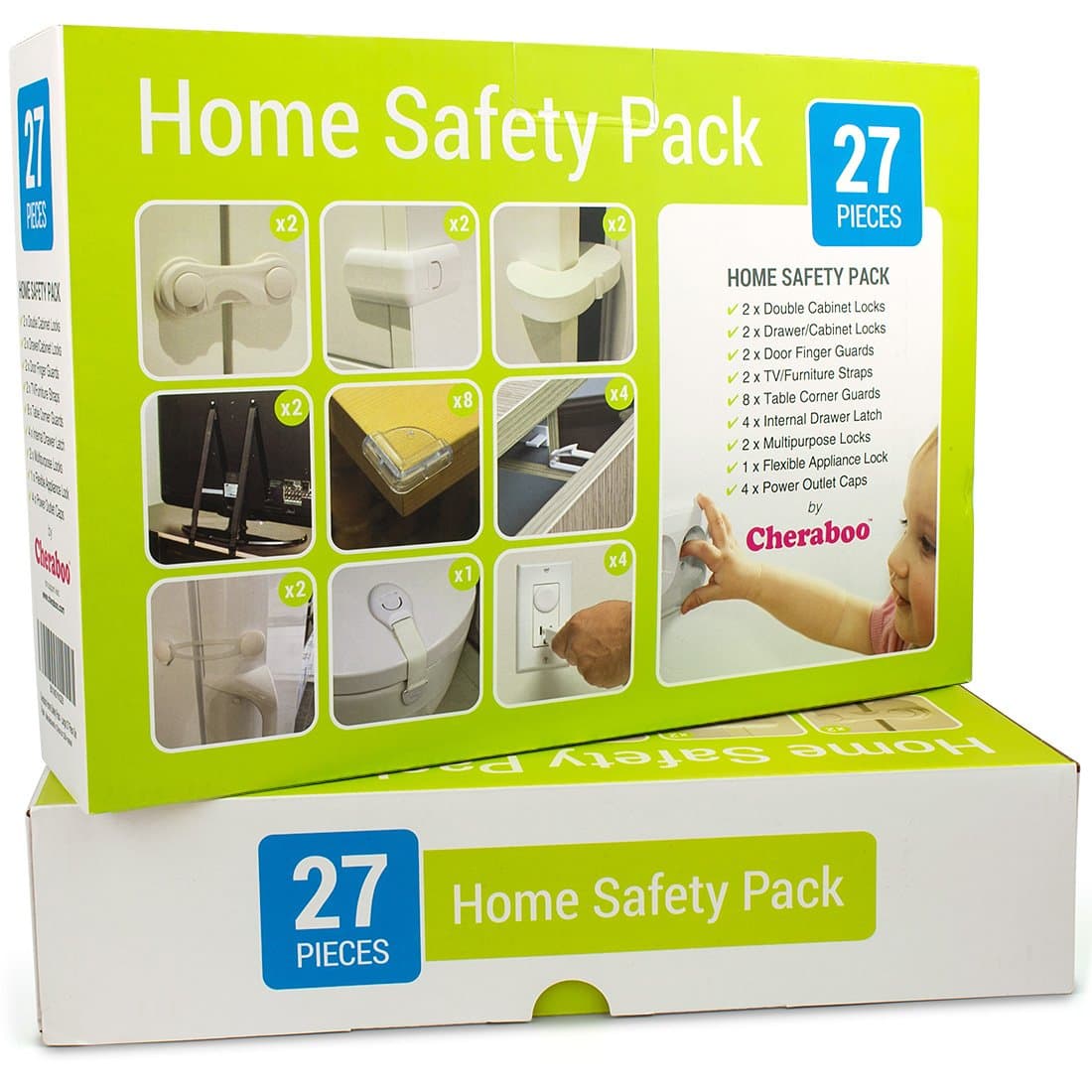 Cheraboo Toddler Home Safety Kit - Best Child Protection Pack for Kitchen Cupboard Locks, Corner Guards & Anti Tip TV/Furniture Straps - Large 27 Piece Baby Proofing Set.