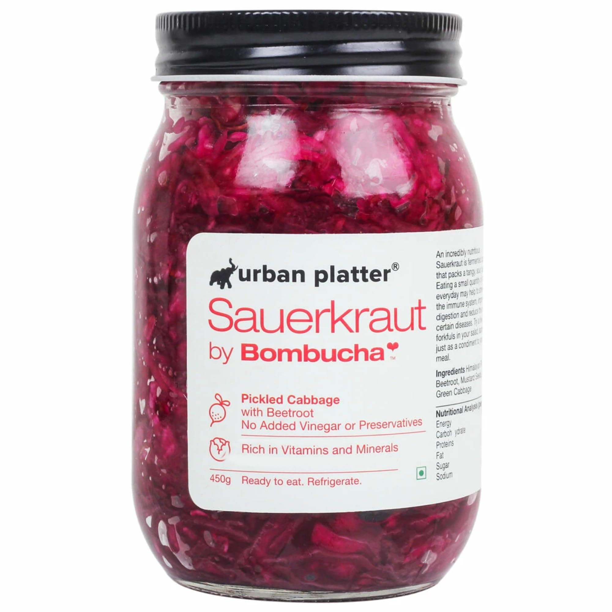 Urban Platter Sauerkraut Original Pickled Probiotic Cabbage with Beetroot, 450g / 15.8oz [Raw, Artisanal, Plant-Based, Preservative Free]