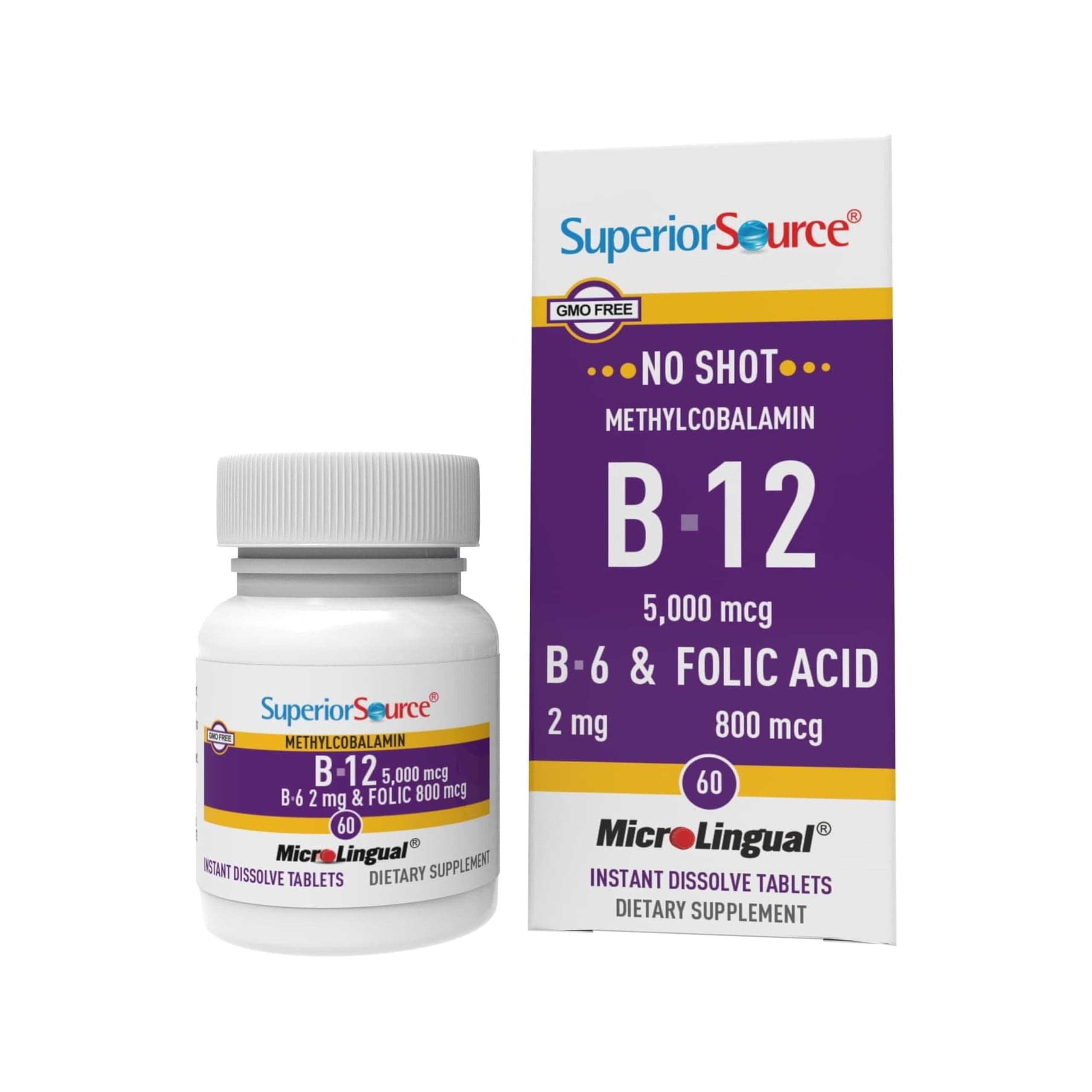 No Shot Vitamin B-12 Methylcobalamin 5000 mcg, B-6 & Folic Acid 800 mcg - Supports Brain & Heart Health - 60 Sublingual Dissolving Tablets