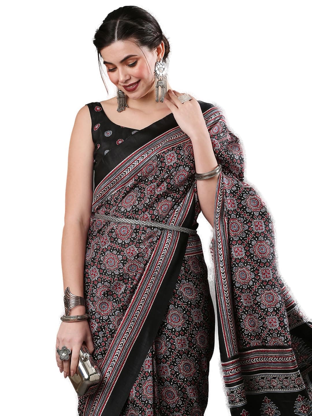 SAREE MALLWomen's Dola Silk Ajrak Digital Print Sari with Unhemmed Blouse Part (black_KUMRN204_SM), Black1, One Size, Black (black 1), One size