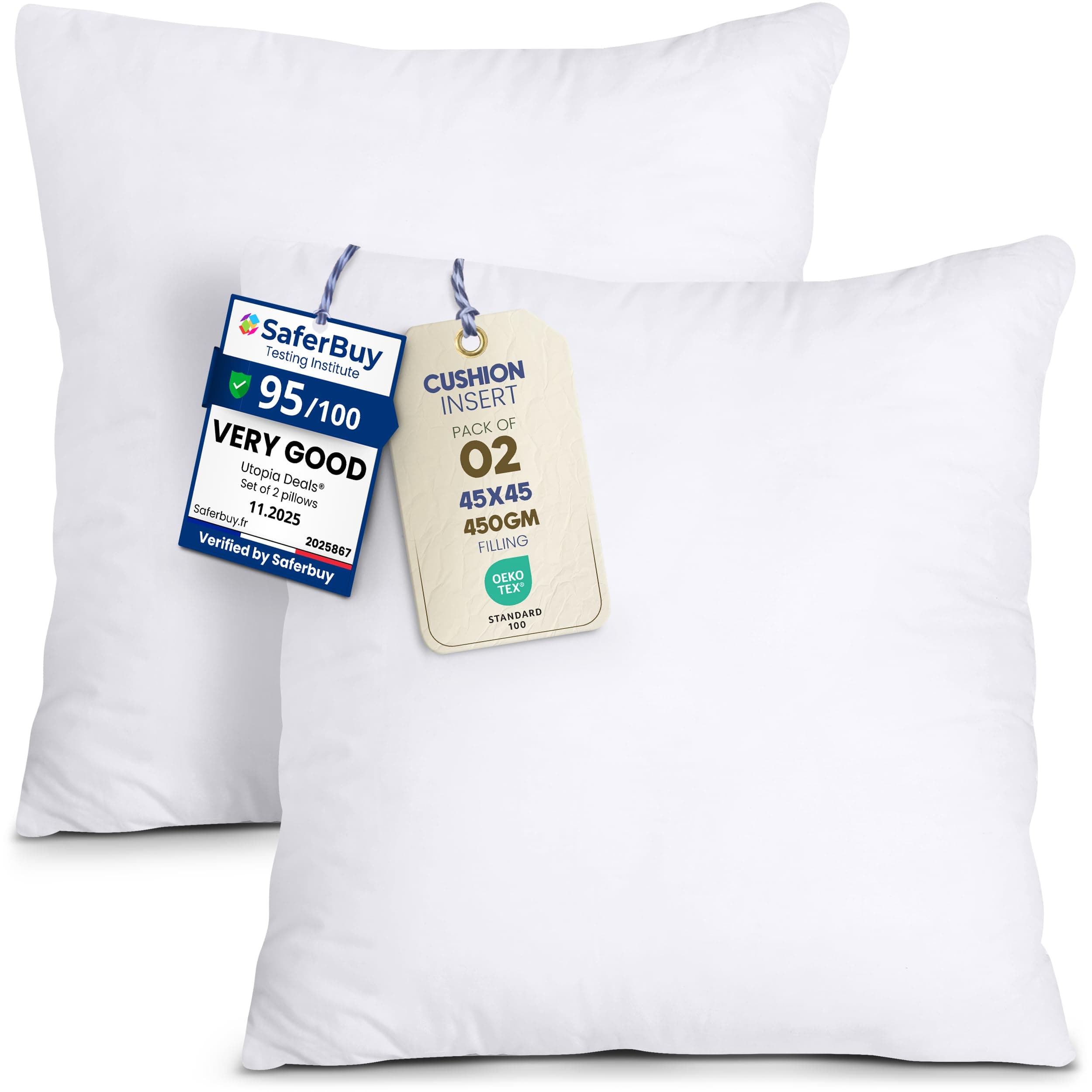 Utopia Bedding Cushion Inserts 45cm x 45cm (18x18 inch) Pack of 2 Hollowfibre Inner Pads for Sofa or Bed – White Cushion Fillers