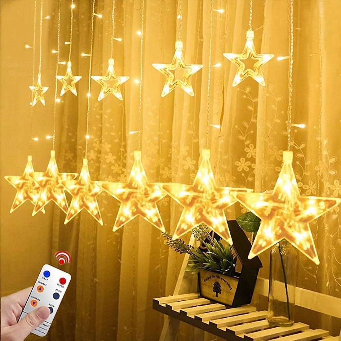 Warm White LED Star Lights, Curtain String Lights for Bedroom, Waterproof 8 Lighting Modes, Fairy Lights for Home Decorations - 12 Stars 138LED