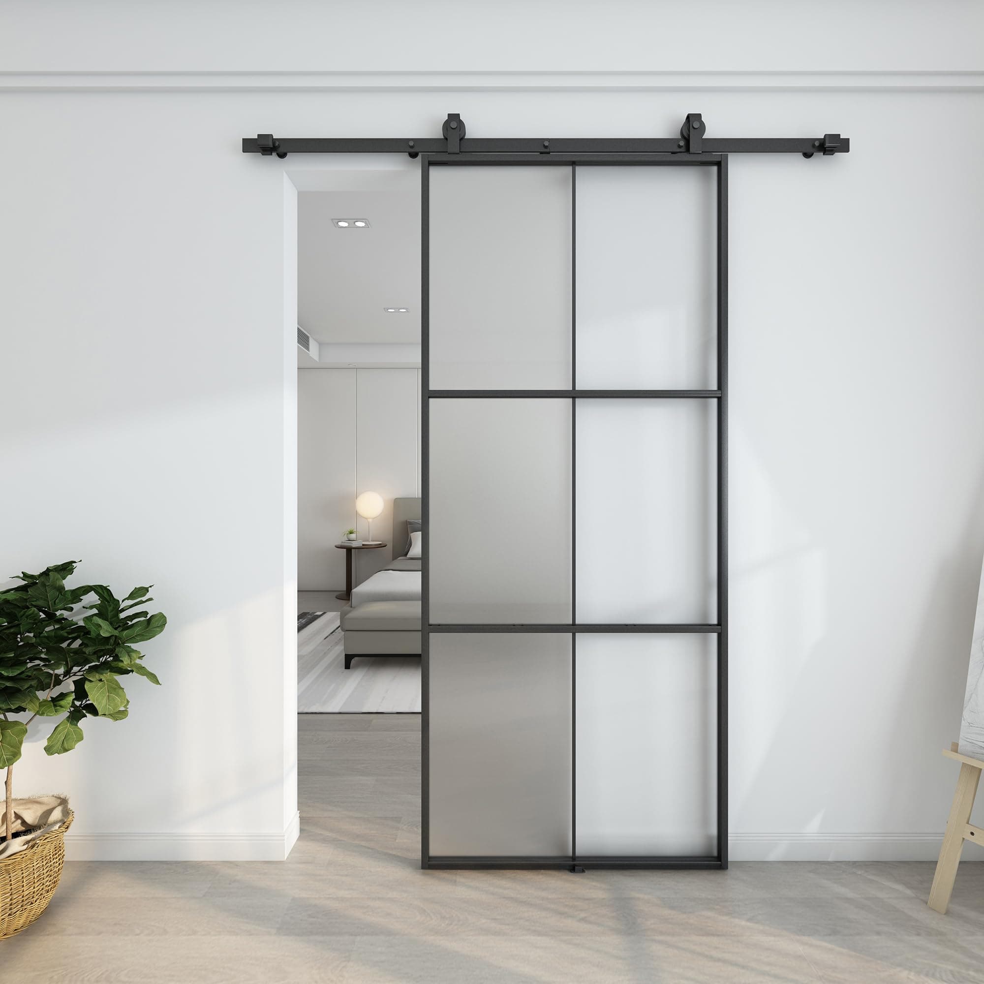 Barnsmith 36in x 84in Aluminum Glass Barn Door Panel - DIY Frosted Tempered Glass Door Slab - Easy Assembly