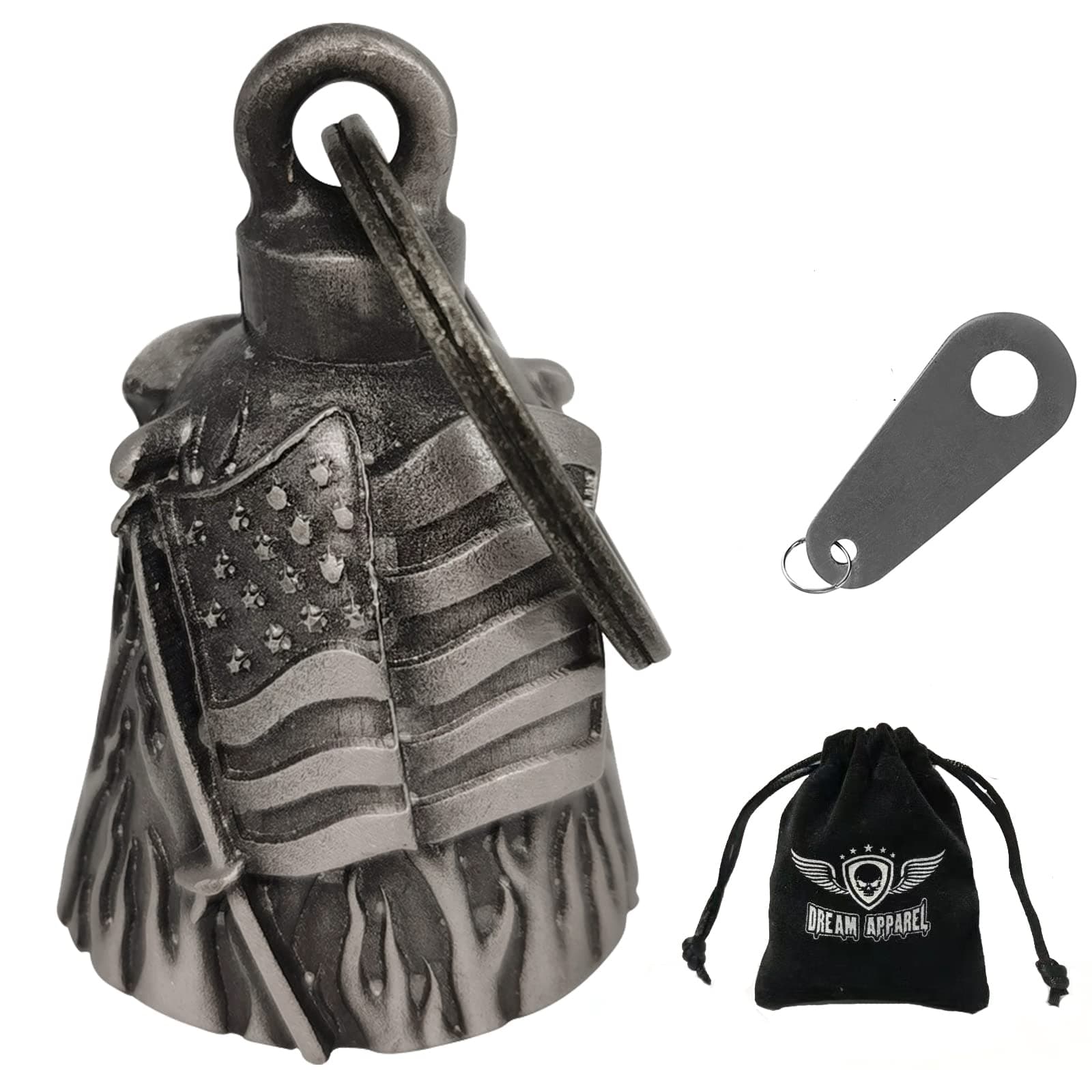 Dream Apparel Motorcycle Bell for Biker US Flag Riding Bell Guardian Bells Motorcycle Accessory or Keychain for Luck, With Bag Gift Box
