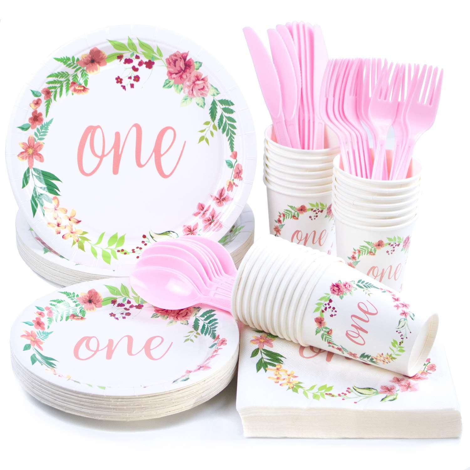 hapray1st Birthday Decorations, Baby Shower Party Supplies, Disposable Paper Plates, Napkins, Cups, Knives, Spoons, Forks, Plastic Cutlery, Tableware Sets (Serves 24, 168 Pieces)