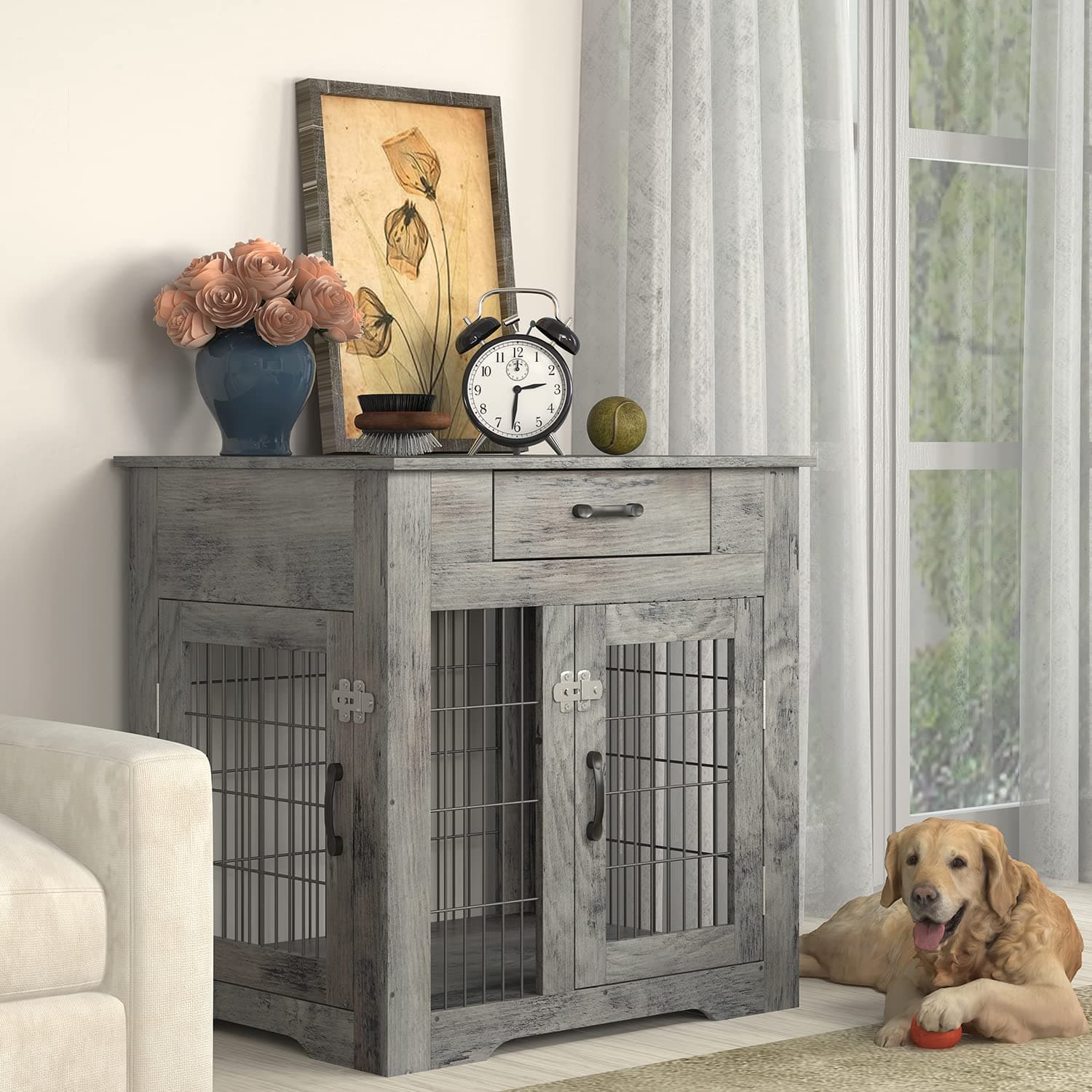 IchbinGoWooden Furniture Style Dog Crate End Table, Double Doors Dog Kennel with Drawer, Rustic Style Decorative Dog House Cage Indoor Use, Easy Installation 29.92”L x 24.80” W x 30.71”H