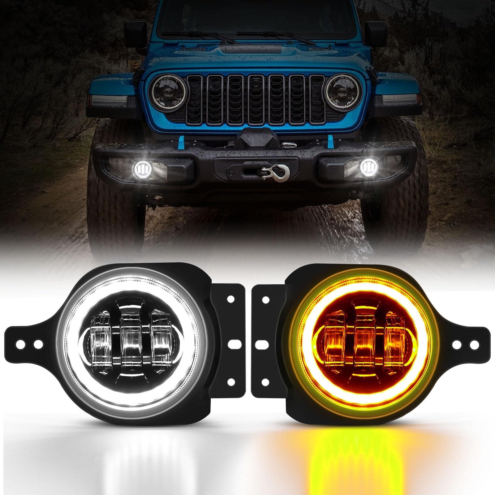 Auxbeam 4 Inch LED Fog Lights for Wrangler JL JLU Unlimited Sport Rubicon Sahara 2018-2022, 4 Inch Round Fog Lamps w/DRL & Amber Turn Signal