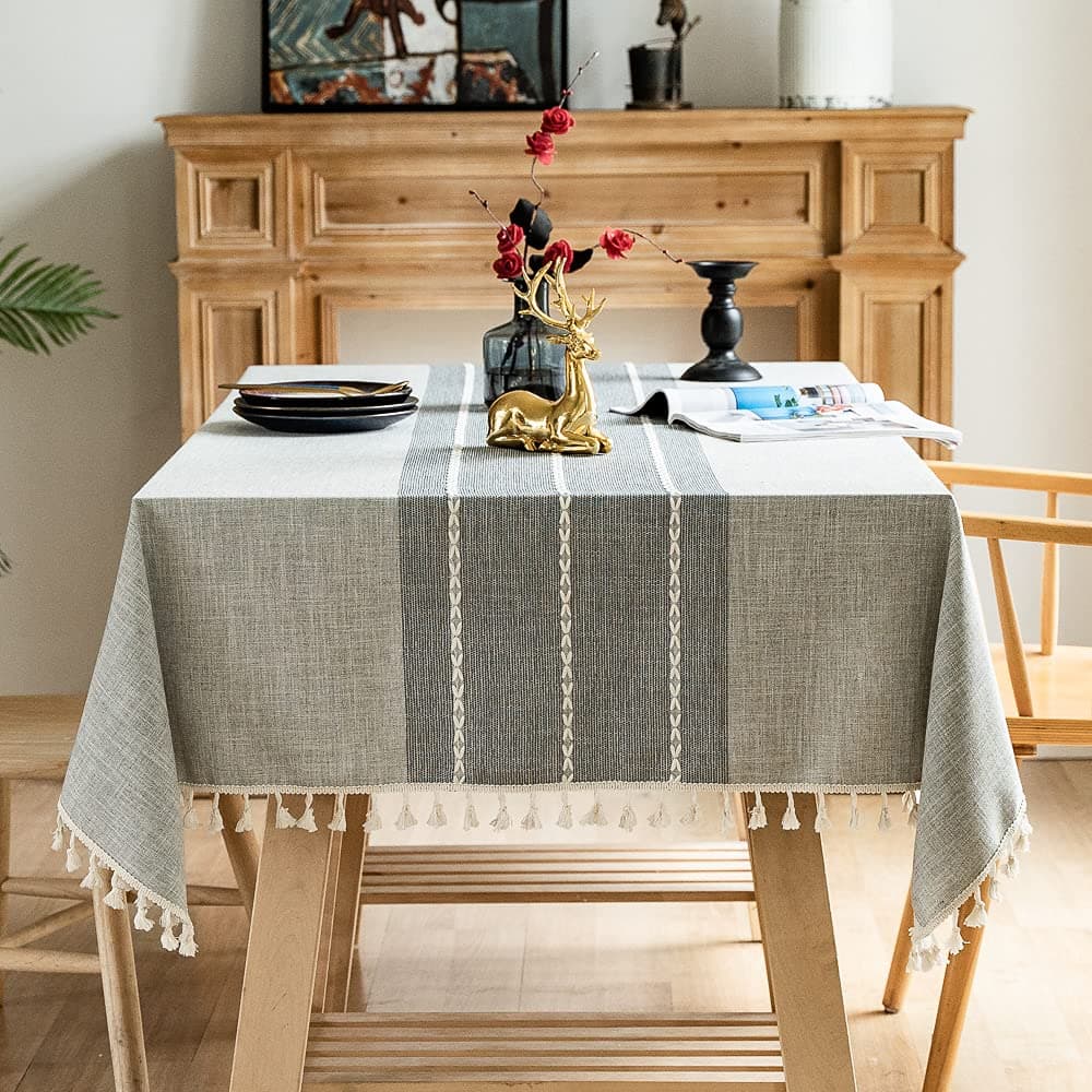 Pahajim Striped Tablecloth Rectangle with Tassels Thick Linen Cotton Table Cloth for Outdoor Picnic Dining and Holiday Kitchen Decor Square,55''x55'', 4 Seats