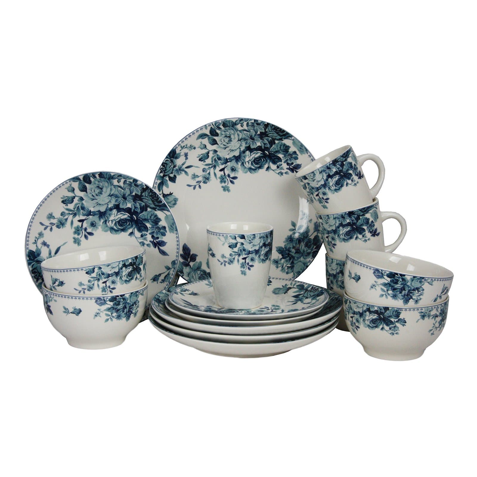 Elama Traditional Blue Rose 16 Piece Service for 4 Stoneware Dinnerware Set